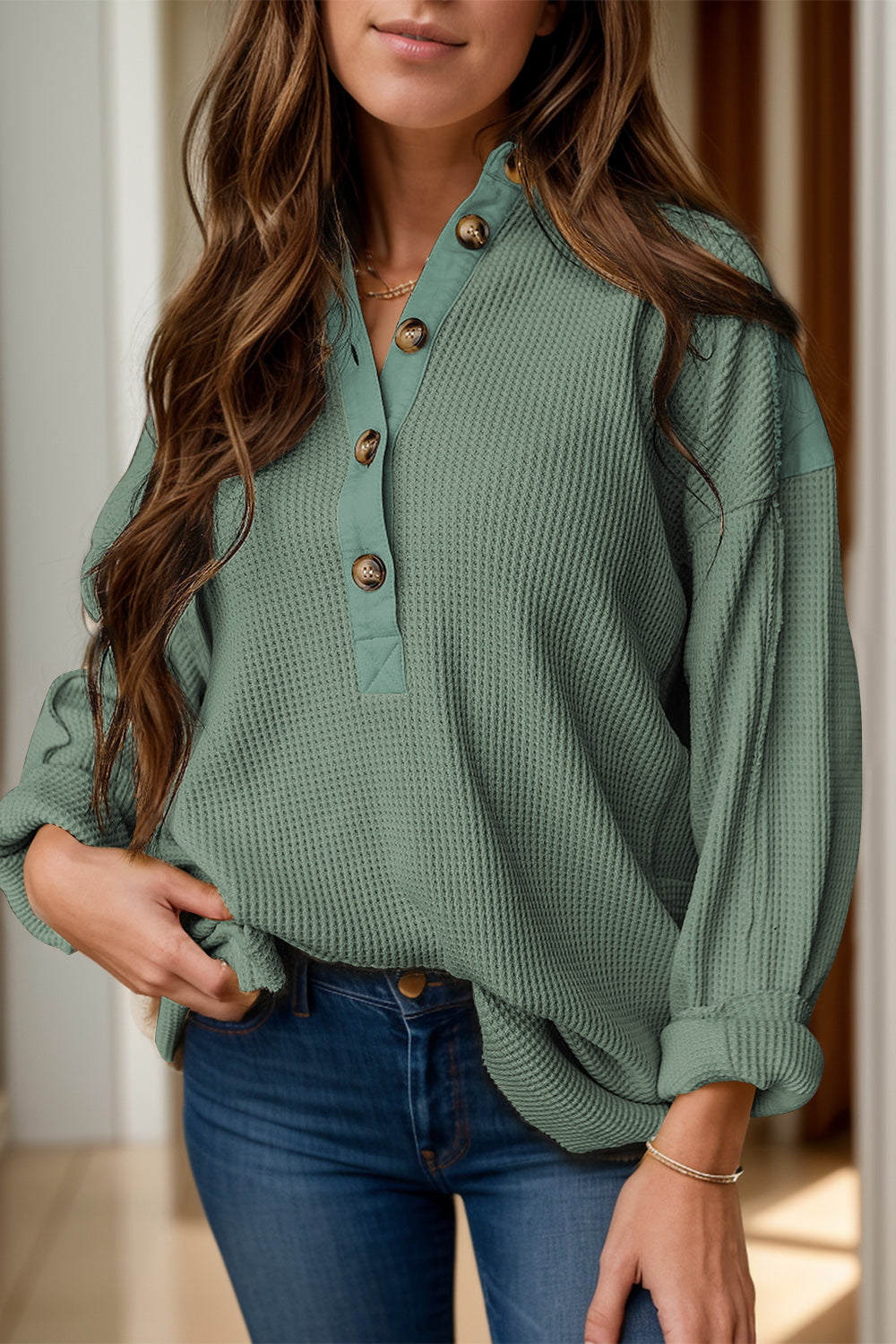 Blue Zone Planet | Half Button Long Sleeve Top-TOPS / DRESSES-[Adult]-[Female]-Sage-S-2022 Online Blue Zone Planet