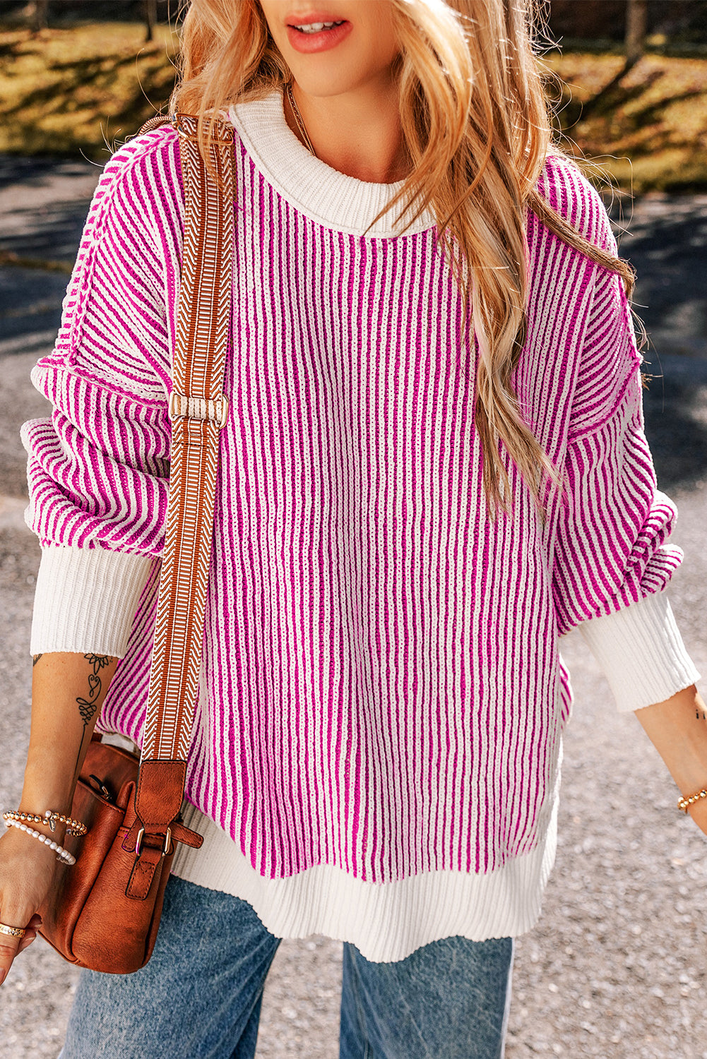 Blue Zone Planet | Bright Pink Striped Textured Knit Contrast Edge Loose Sweater-Sweaters & Cardigans/Sweaters-[Adult]-[Female]-Bright Pink-S-2022 Online Blue Zone Planet