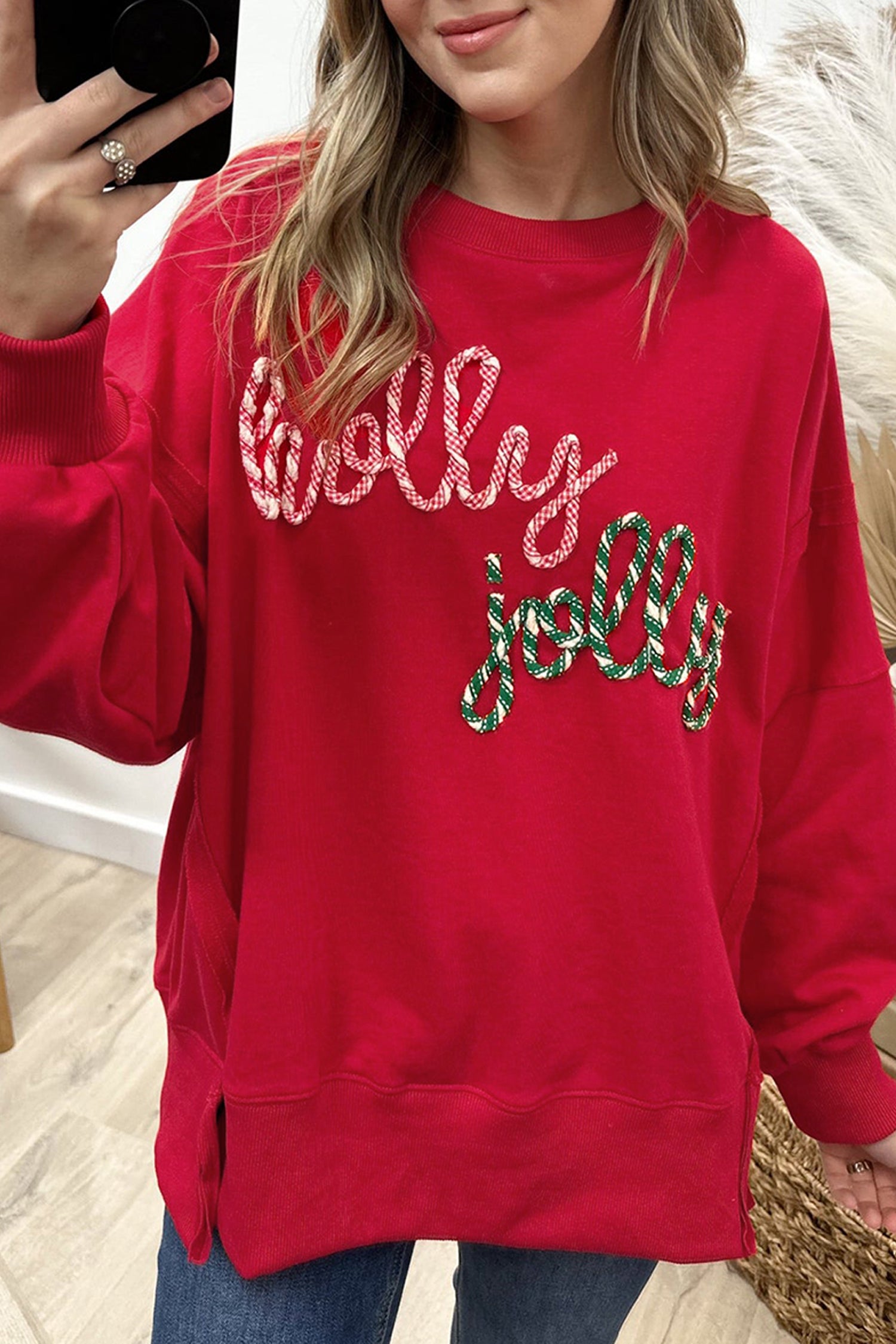 Racing Red Holly Jolly Embroidered Graphic Baggy Sweatshirt-Tops/Sweatshirts & Hoodies-[Adult]-[Female]-Racing Red-S-2022 Online Blue Zone Planet