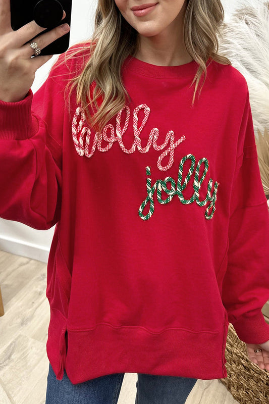 Racing Red Holly Jolly Embroidered Graphic Baggy Sweatshirt-Tops/Sweatshirts & Hoodies-[Adult]-[Female]-Racing Red-S-2022 Online Blue Zone Planet
