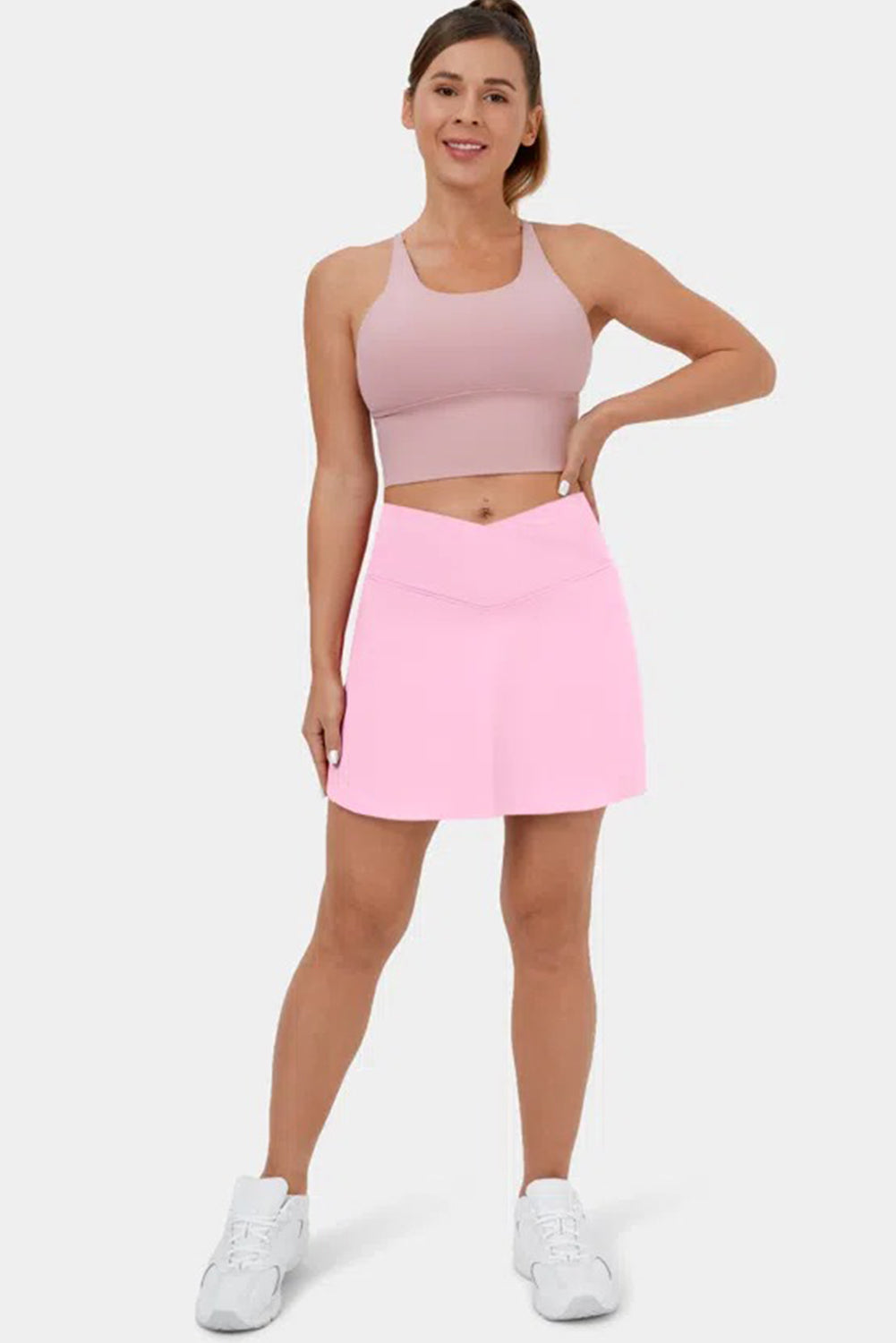 Pink Solid Pocketed Crossover High Waist Swim Skort-Swimwear/Swim Bottoms-[Adult]-[Female]-2022 Online Blue Zone Planet