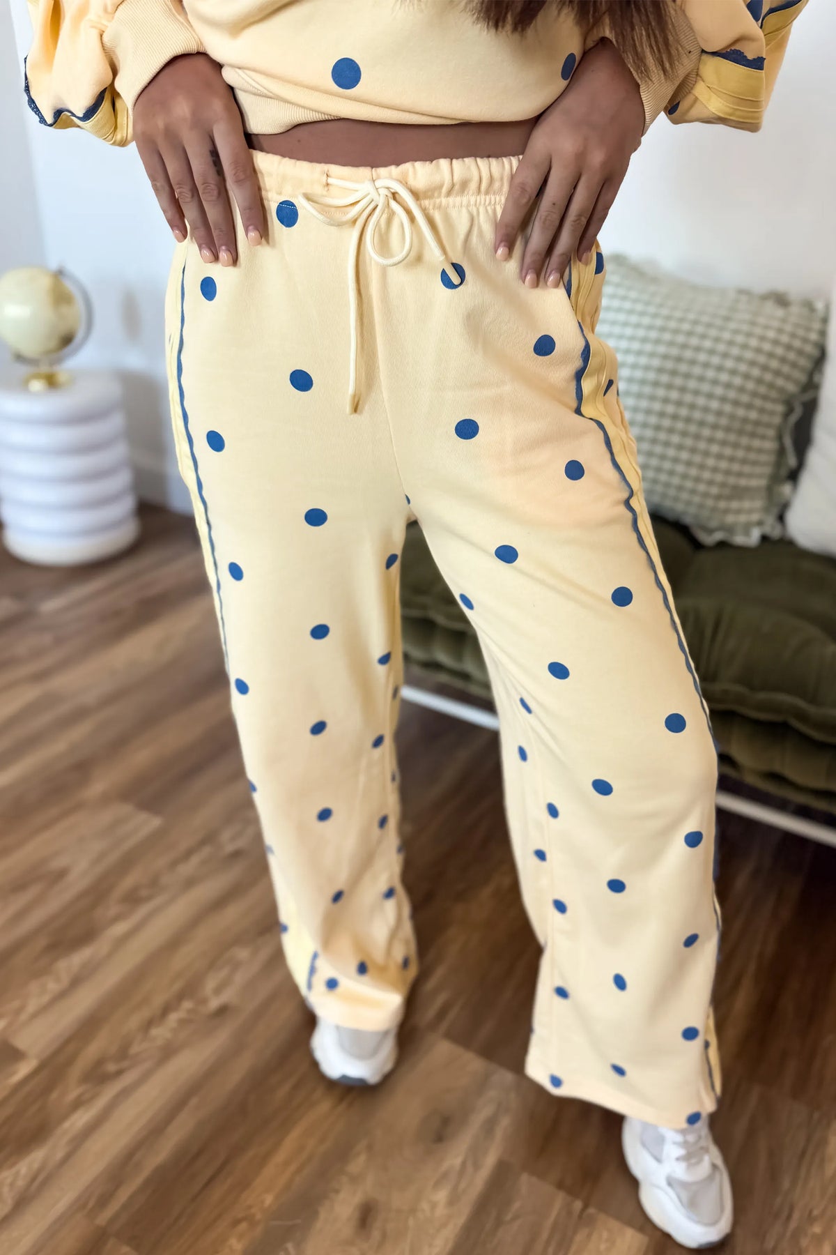 Yellow Polka Dot Long Sleeve Top Patchwork Detail Loose Pant Set