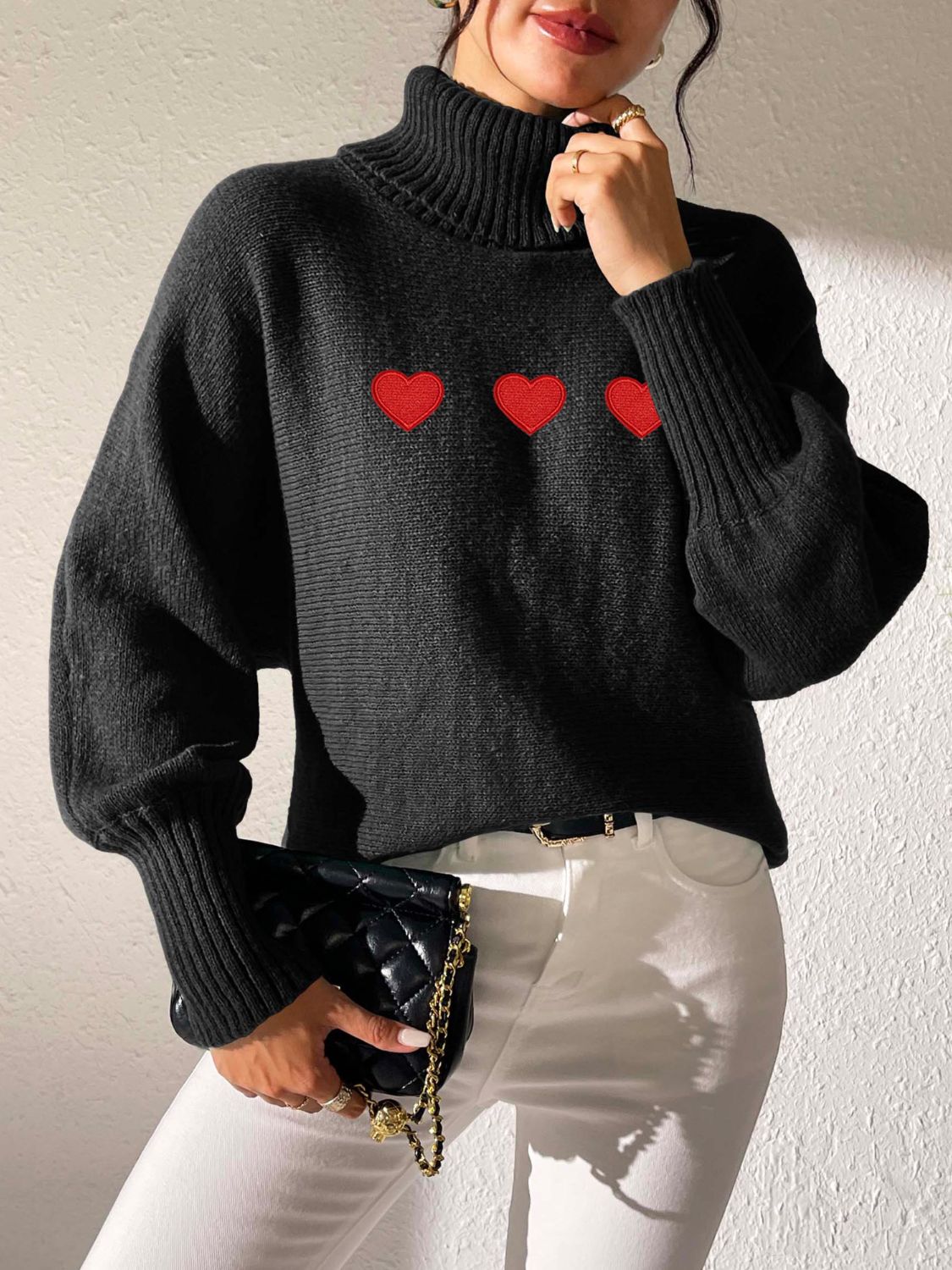 Heart Turtleneck Long Sleeve Sweater-TOPS / DRESSES-[Adult]-[Female]-2022 Online Blue Zone Planet