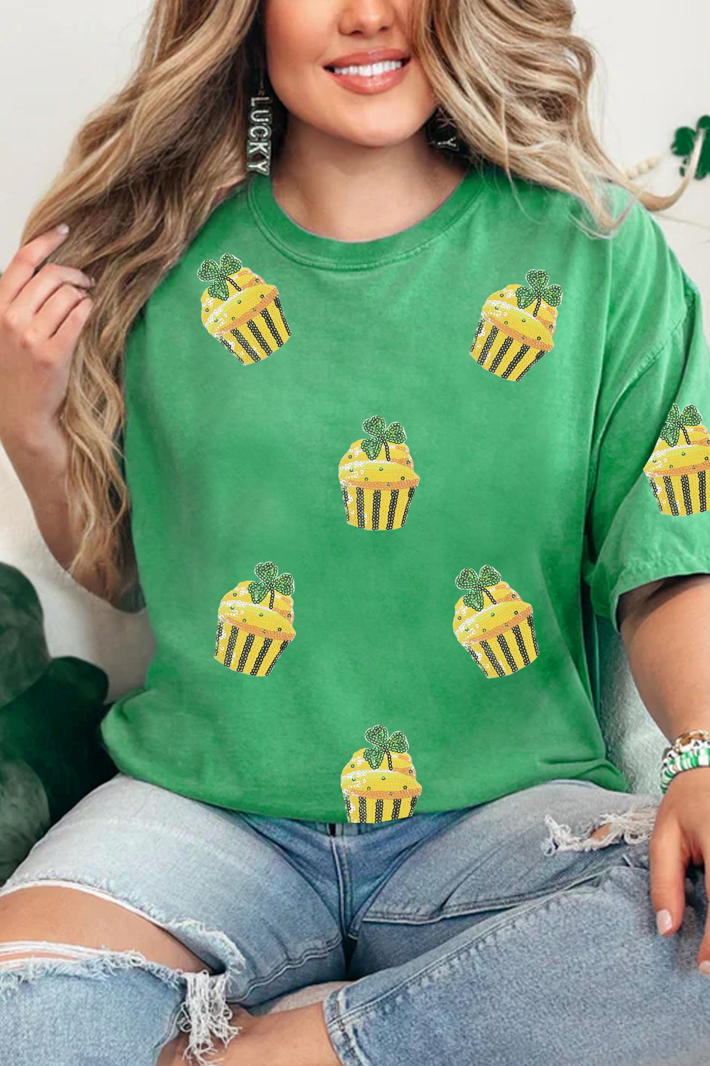 Bright Green St Patricks Day Sequin Cupcake Graphic T Shirt-Graphic/Graphic Tees-[Adult]-[Female]-2022 Online Blue Zone Planet
