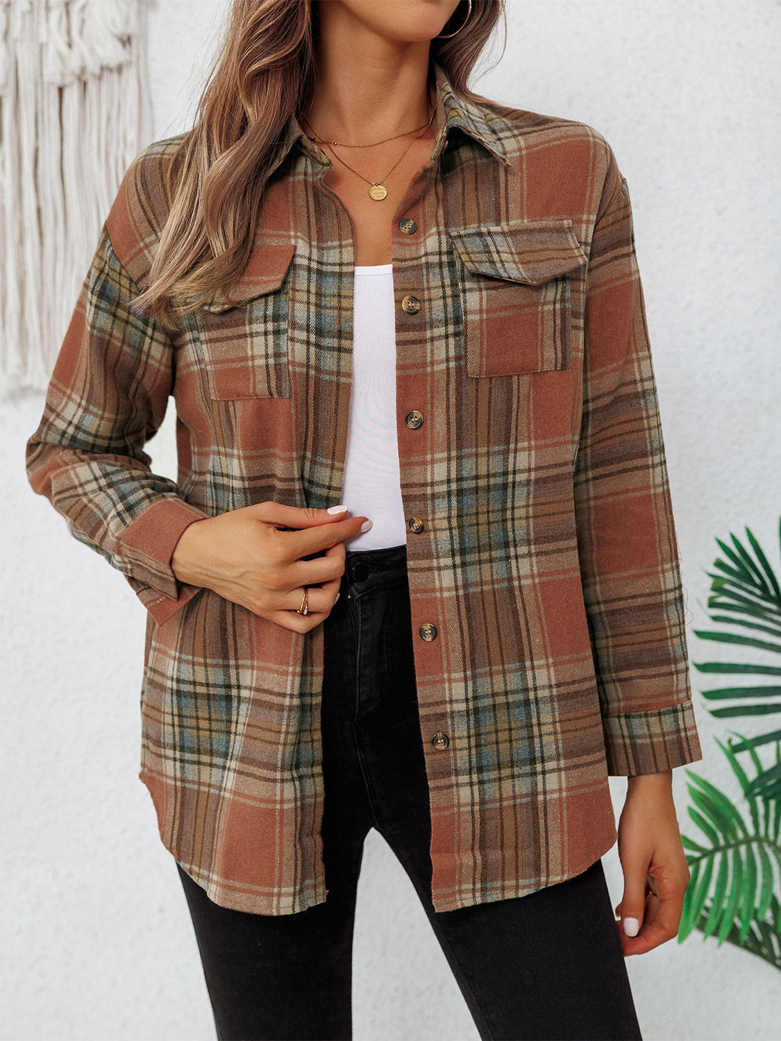 Plaid Collared Neck Button Up Long Sleeve Shirt-TOPS / DRESSES-[Adult]-[Female]-2022 Online Blue Zone Planet