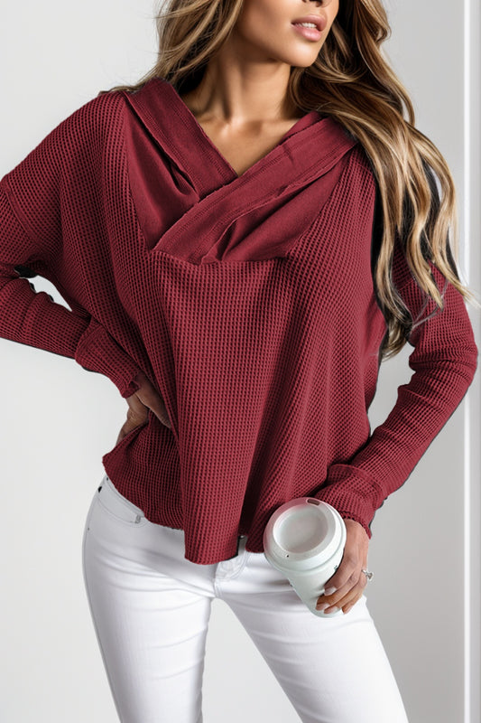 Waffle-Knit Dropped Shoulder Hoodie-HOODIES-[Adult]-[Female]-Burgundy-S-2022 Online Blue Zone Planet