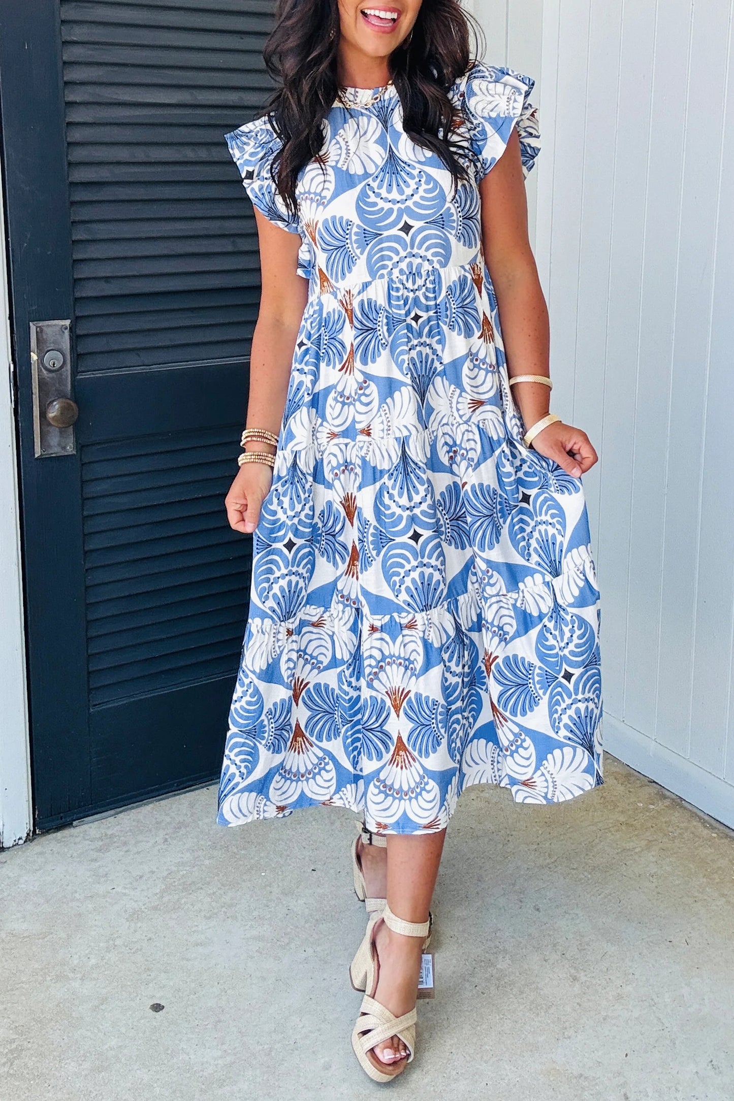 Sky Blue Tropical Botanic Print Flutter Sleeve Vacation Long Dress-Dresses/Maxi Dresses-[Adult]-[Female]-2022 Online Blue Zone Planet