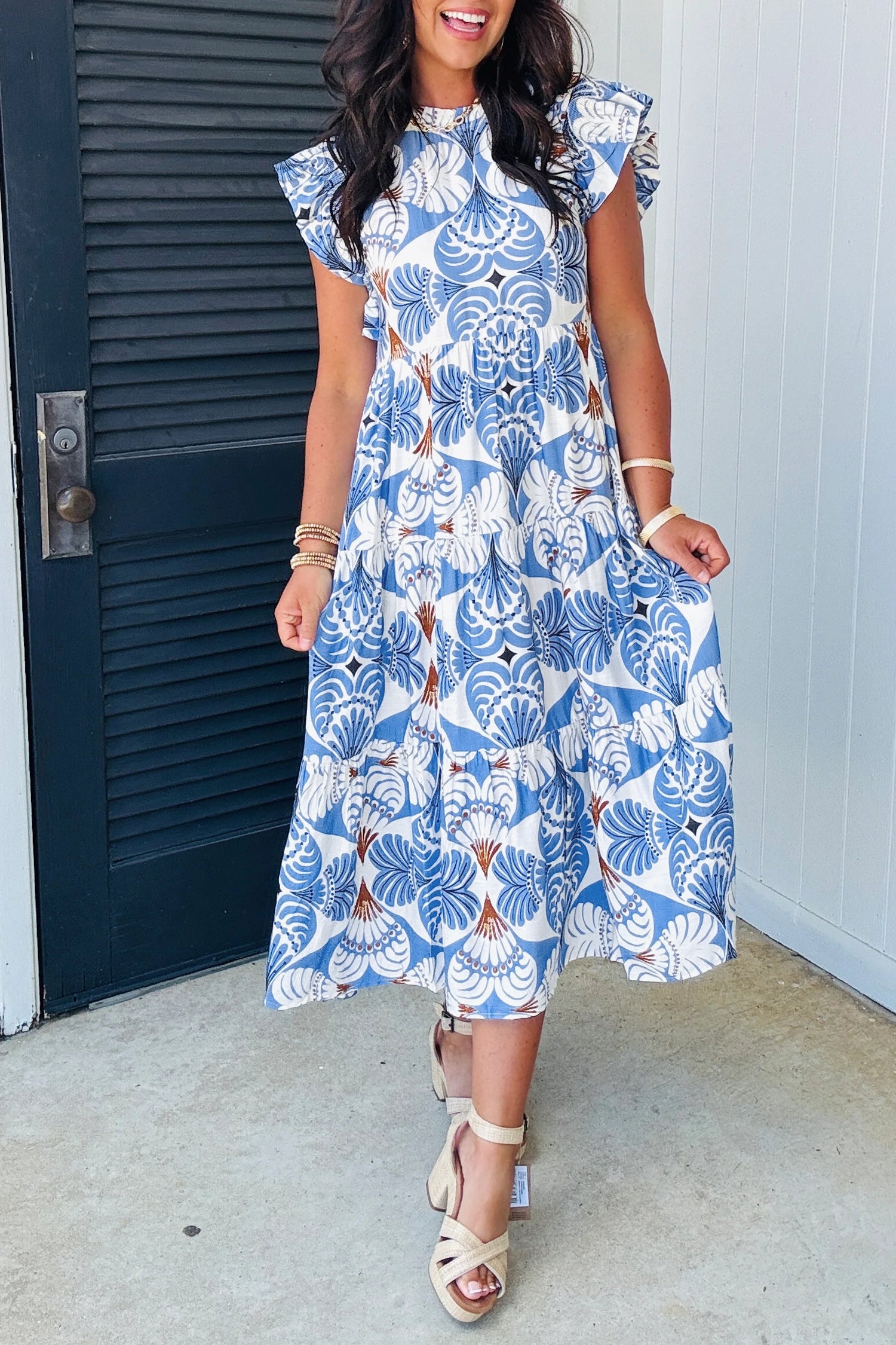 Sky Blue Tropical Botanic Print Flutter Sleeve Vacation Long Dress-Dresses/Maxi Dresses-[Adult]-[Female]-2022 Online Blue Zone Planet