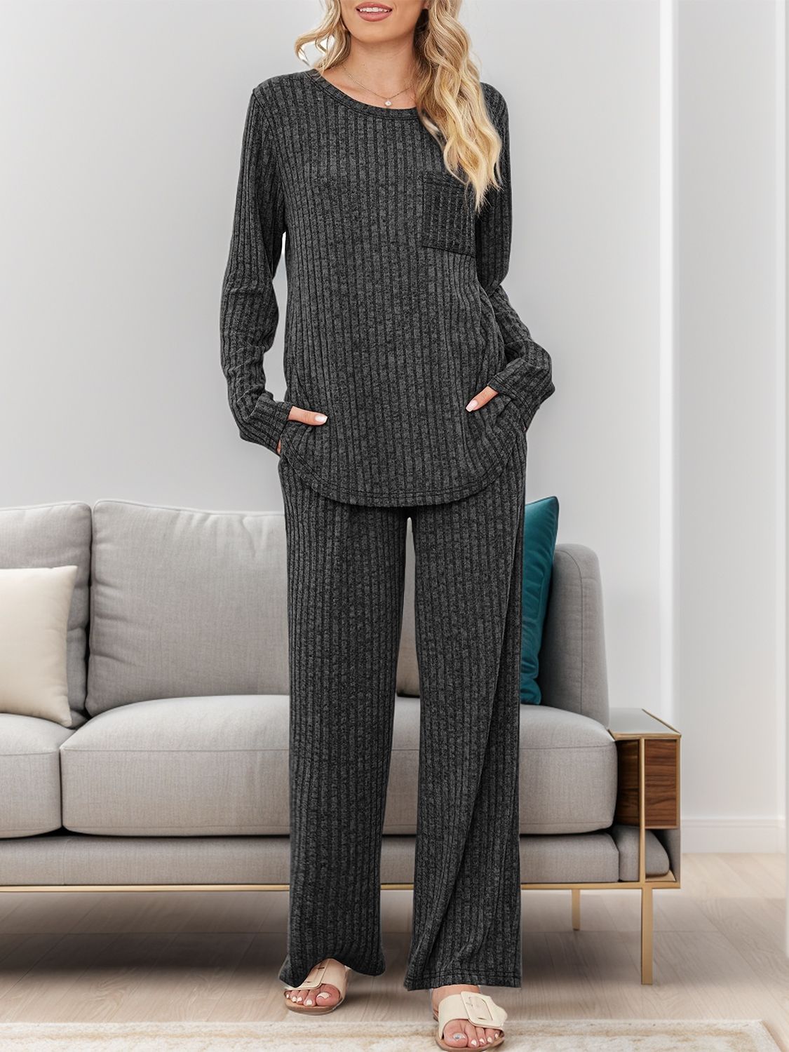 Round Neck Long Sleeve Top and Pants Set-TOPS / DRESSES-[Adult]-[Female]-Dark Gray-S-2022 Online Blue Zone Planet