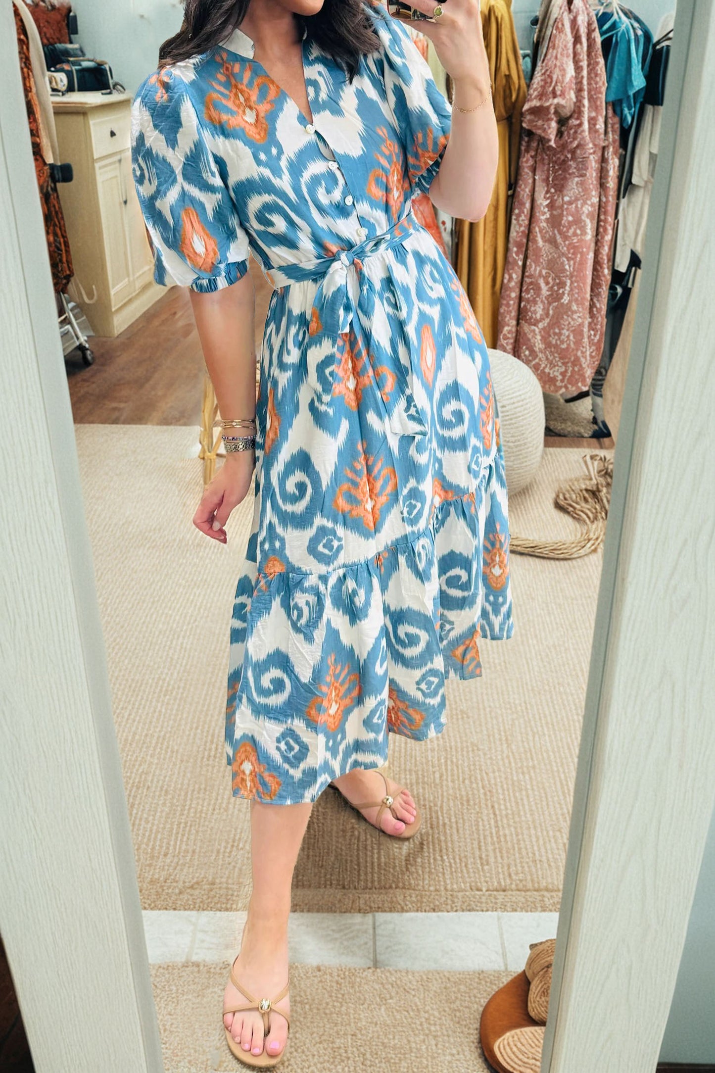 Sky Blue Boho Floral Print Short Puff Sleeve Button Down Ruffle Hem Midi Dress-Dresses/Midi Dresses-[Adult]-[Female]-Sky Blue-S-2022 Online Blue Zone Planet