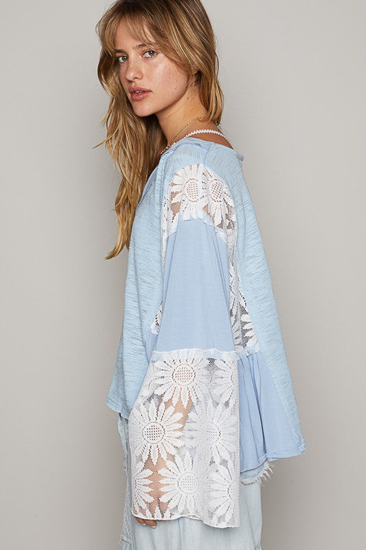 POL Lace Detail V-Neck Flare Sleeve Blouse-TOPS / DRESSES-[Adult]-[Female]-2022 Online Blue Zone Planet