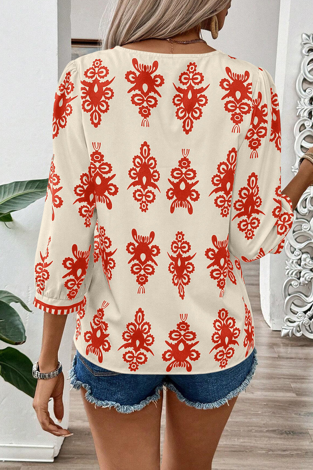 Orange Vintage Geometric Printed 3/4 Sleeve V Neck Blouse-Tops/Blouses & Shirts-[Adult]-[Female]-2022 Online Blue Zone Planet