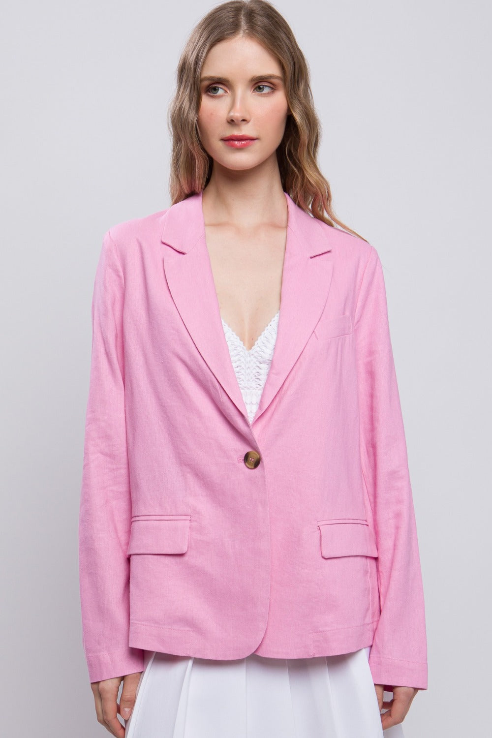 Love Tree One-Button Long Sleeve Linen Blazer-TOPS / DRESSES-[Adult]-[Female]-2022 Online Blue Zone Planet