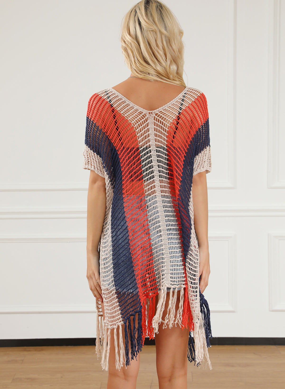 Blue Zone Planet |  Multicolor Striped Tassel Crochet V Neck Beach Cover Up Blue Zone Planet