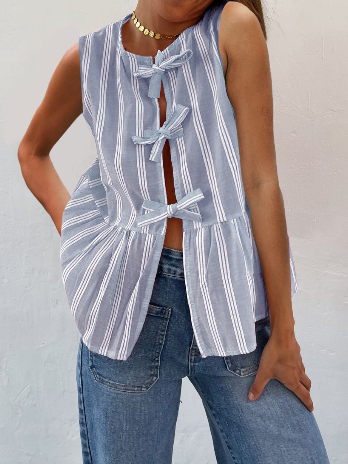 Tied Striped Round Neck Tank-TOPS / DRESSES-[Adult]-[Female]-Light Blue-S-2022 Online Blue Zone Planet