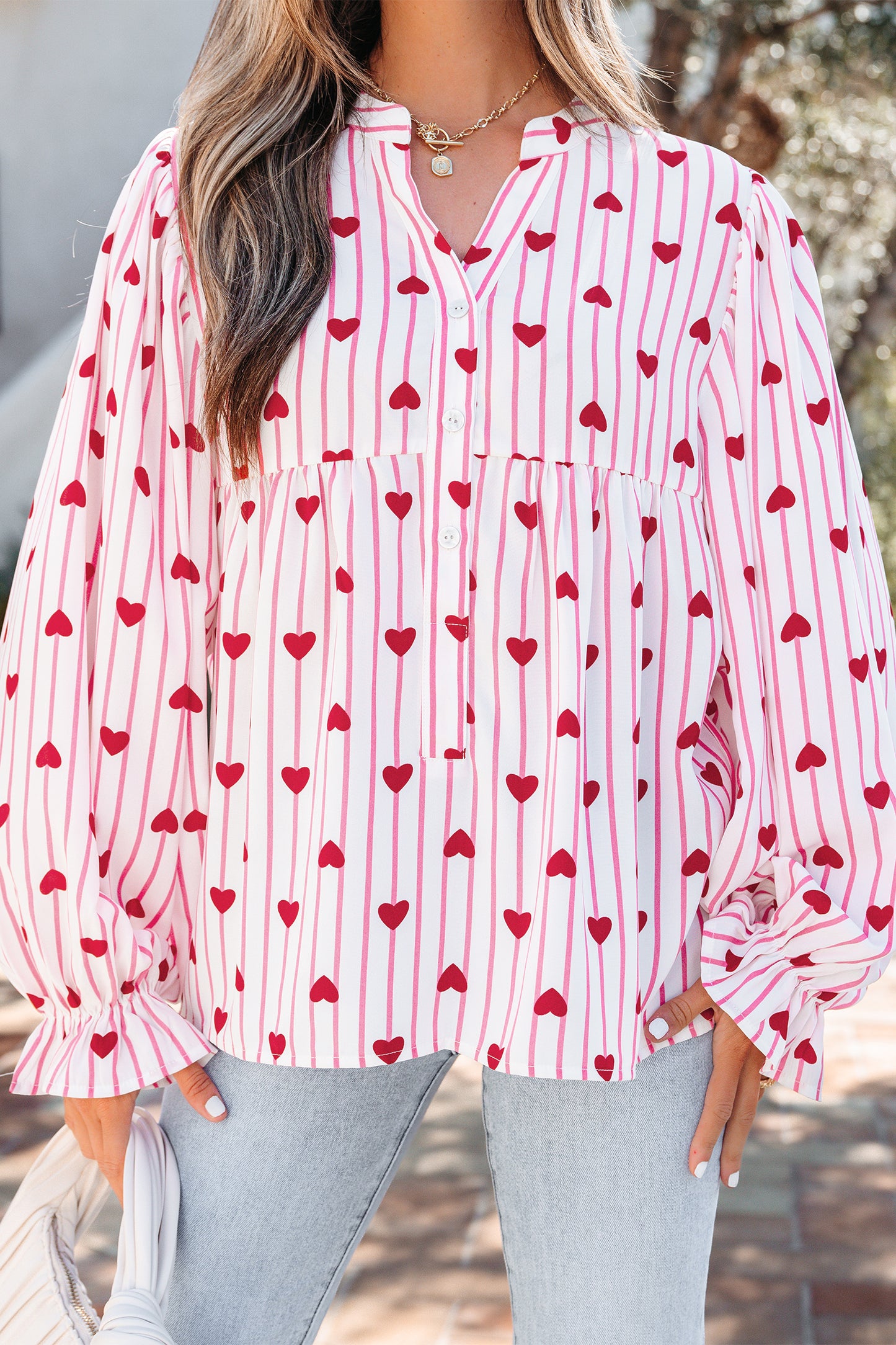Pink Stripe Textured Heart Print Long Flounce Sleeve Shirt