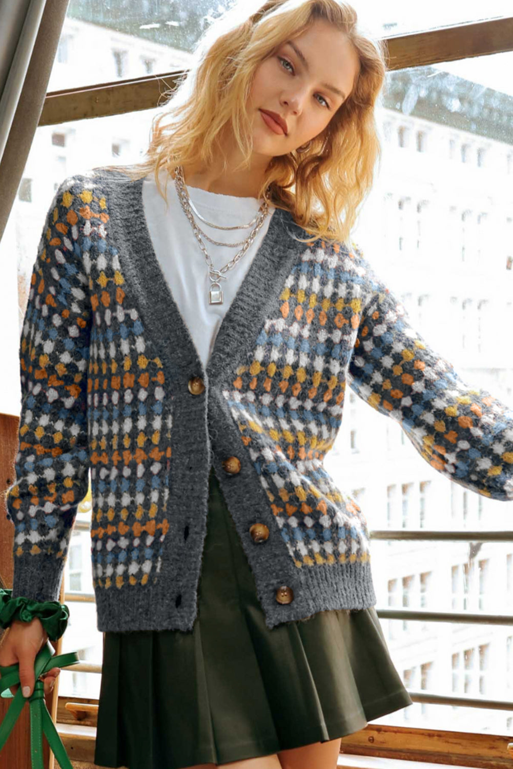 Multicolour Dotty Pattern Knit Button Front V Neck Sweater Cardigan-TOPS / DRESSES-[Adult]-[Female]-2022 Online Blue Zone Planet