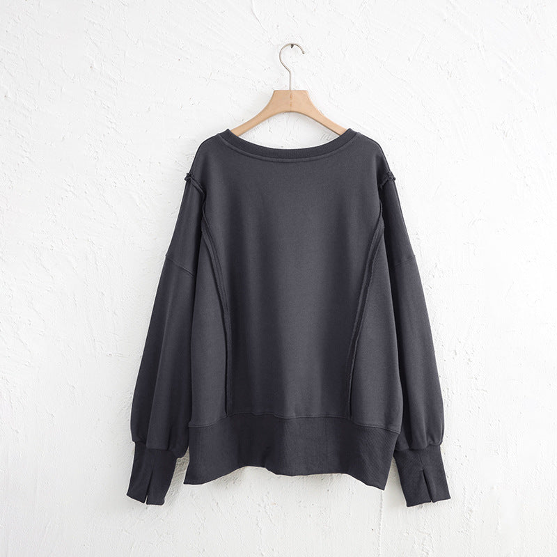 Exposed Seam High-Low Long Sleeve Sweatshirt-TOPS / DRESSES-[Adult]-[Female]-2022 Online Blue Zone Planet