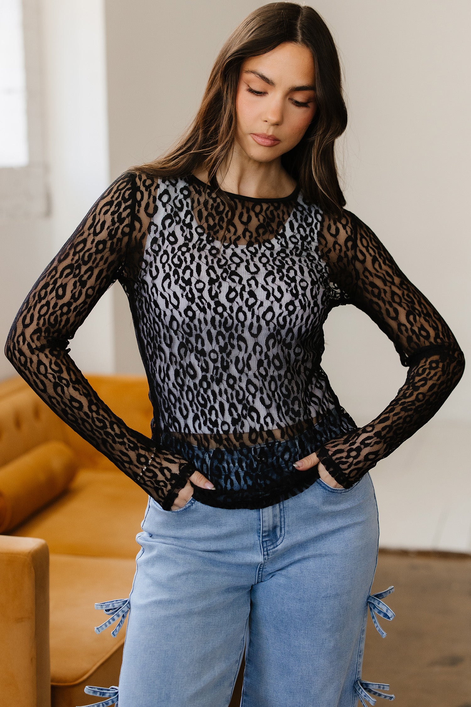 Black Leopard Pattern Sheer Mesh Long Sleeve Top-Tops/Long Sleeve Tops-[Adult]-[Female]-2022 Online Blue Zone Planet