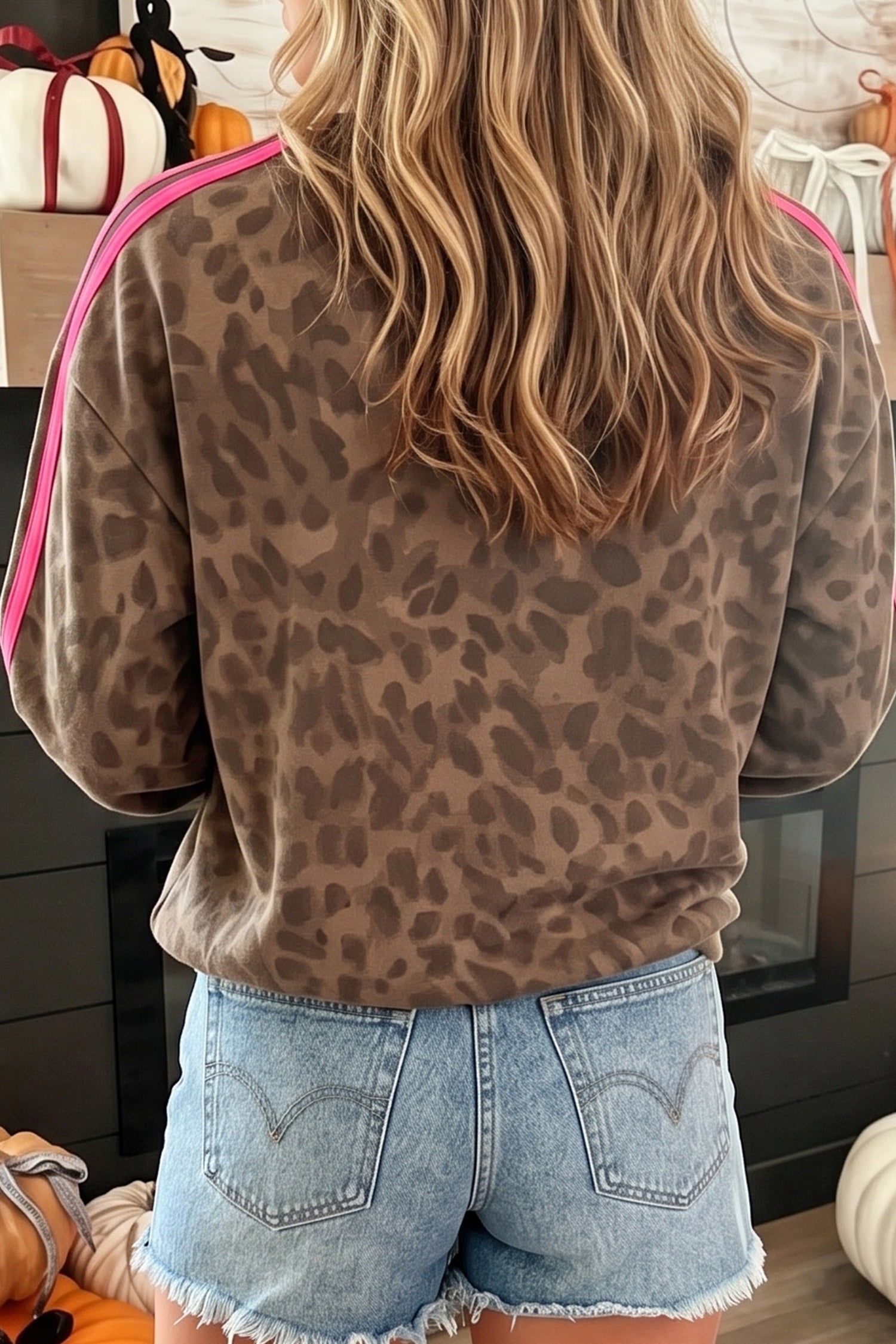 Brown Leopard Print Striped Detail Relaxed Pullover Sweatshirt-Tops/Sweatshirts & Hoodies-[Adult]-[Female]-2022 Online Blue Zone Planet