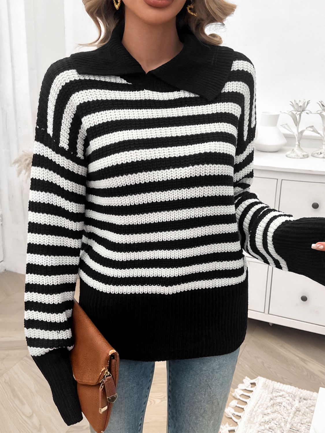 Striped Collared Neck Long Sleeve Sweater-TOPS / DRESSES-[Adult]-[Female]-2022 Online Blue Zone Planet