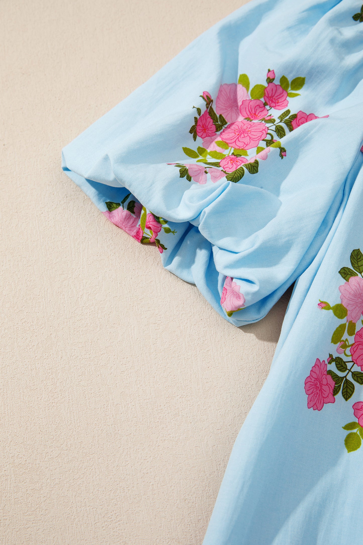 Sky Blue Floral Printed Contrast Ricrac Detail Bubble Sleeve Dress-TOPS / DRESSES-[Adult]-[Female]-2022 Online Blue Zone Planet