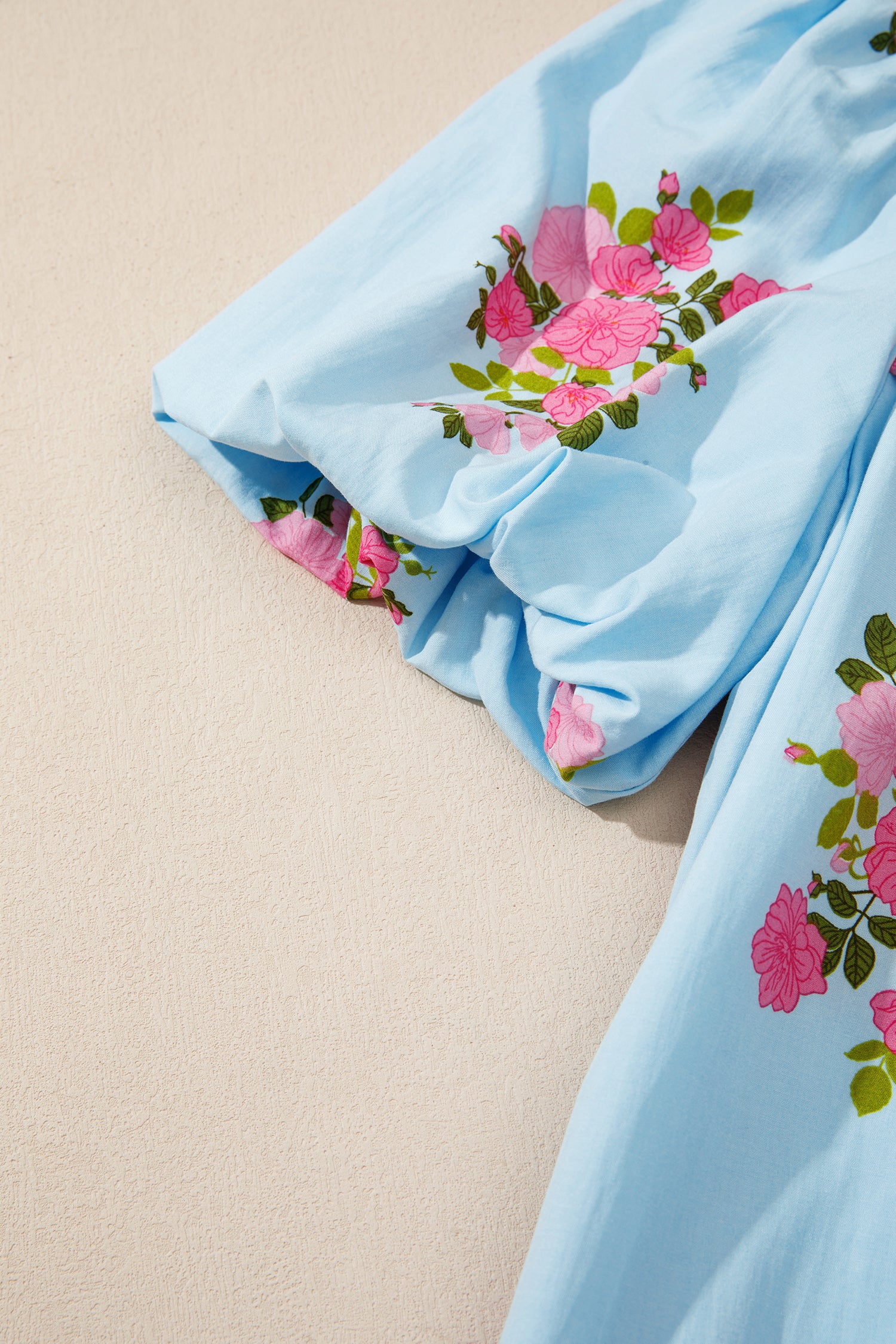 Sky Blue Floral Printed Contrast Ricrac Detail Bubble Sleeve Dress-TOPS / DRESSES-[Adult]-[Female]-2022 Online Blue Zone Planet
