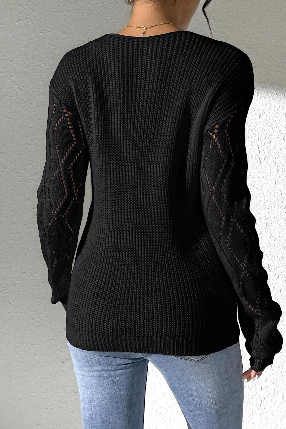 Blue Zone Planet | Black Crochet Flower V Neck Pullover Sweater-Sweaters-[Adult]-[Female]-2022 Online Blue Zone Planet