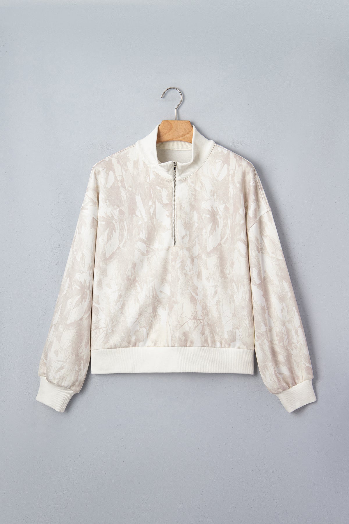 Khaki Camouflage Print Quarter-Zip Drop Shoulder Long Sleeve Sweatshirt-Tops/Sweatshirts & Hoodies-[Adult]-[Female]-2022 Online Blue Zone Planet