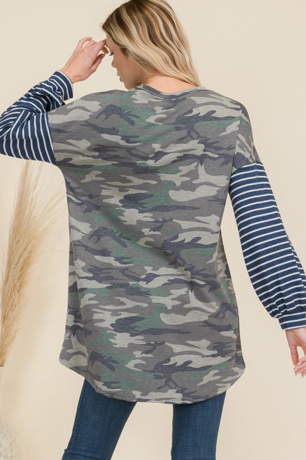 Celeste Full Size Camo Print High-Low T-Shirt with Stripe Sleeves-TOPS / DRESSES-[Adult]-[Female]-2022 Online Blue Zone Planet