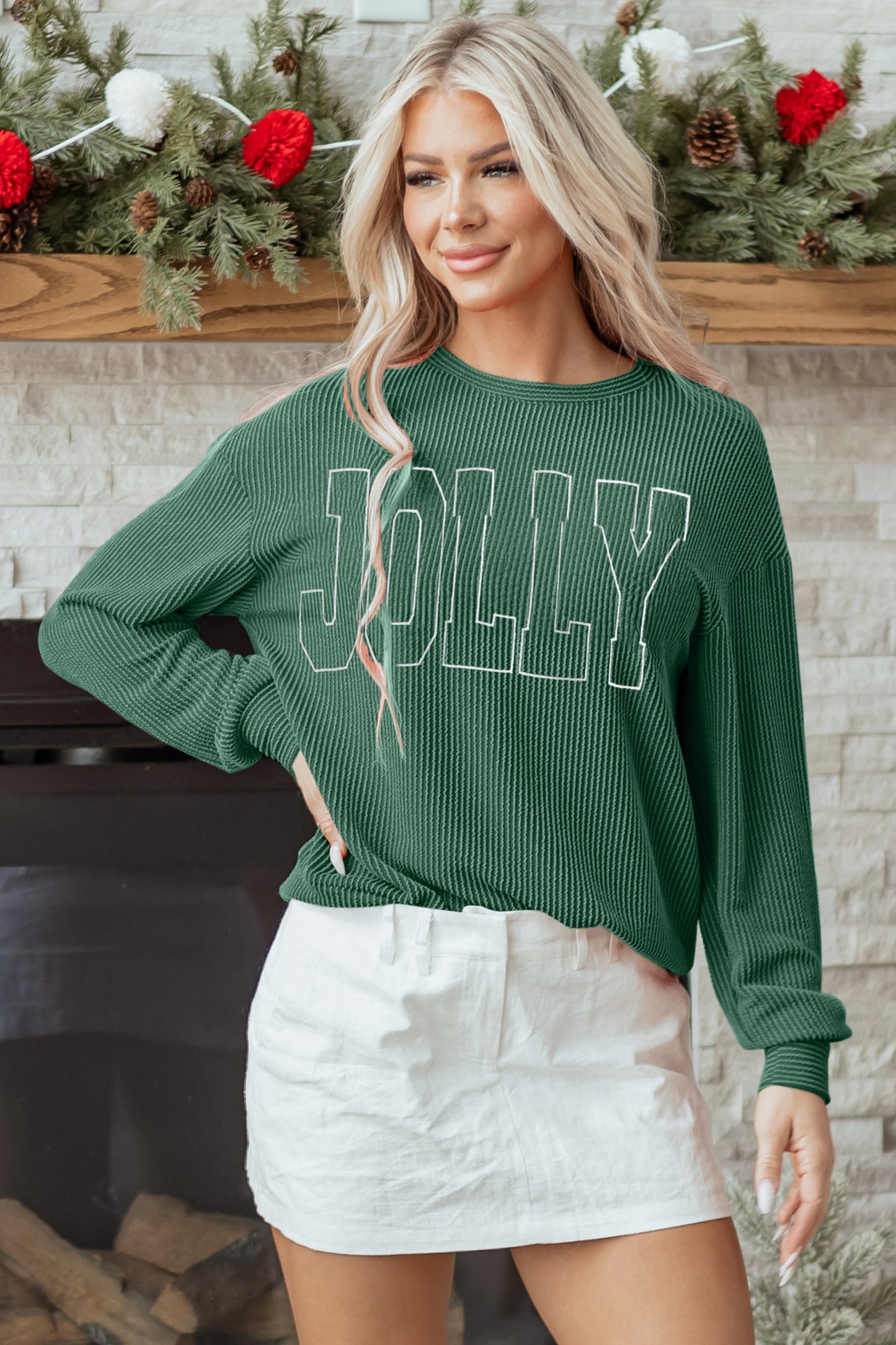 Blackish Green Twisted Rib Outlined Merry Letter Graphic Loose Long Sleeve Top-Tops/Long Sleeve Tops-[Adult]-[Female]-2022 Online Blue Zone Planet