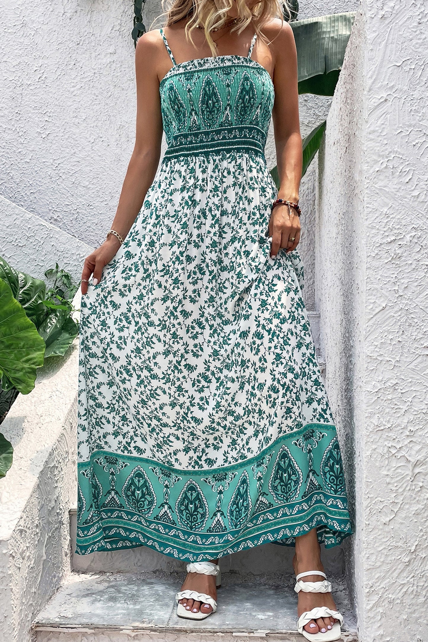 Green Boho Floral Print Shirred Cami Maxi Dress-Dresses/Maxi Dresses-[Adult]-[Female]-2022 Online Blue Zone Planet