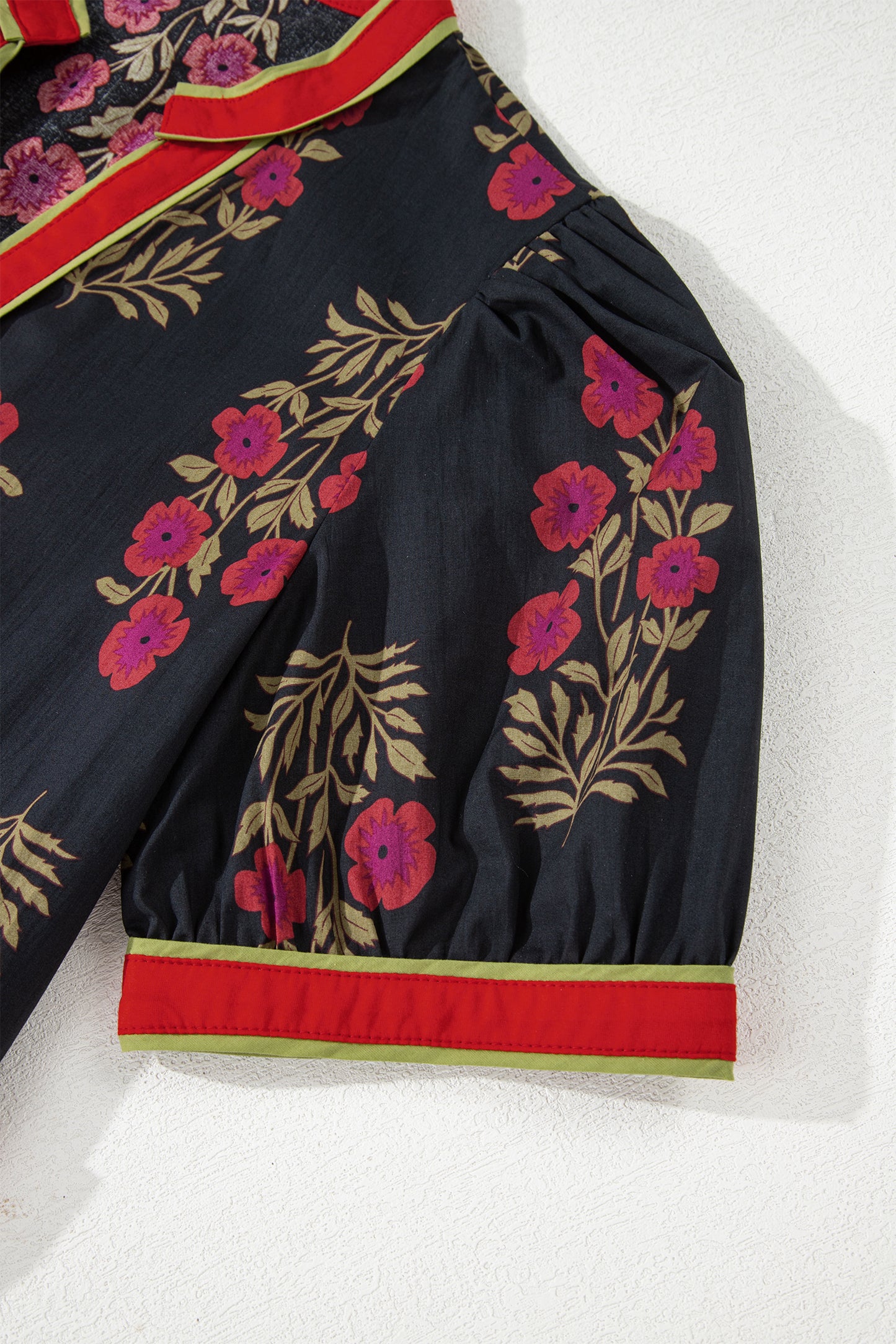 Black Retro Floral Print Button Down Belted Short Puff Sleeve Mini Dress-TOPS / DRESSES-[Adult]-[Female]-2022 Online Blue Zone Planet