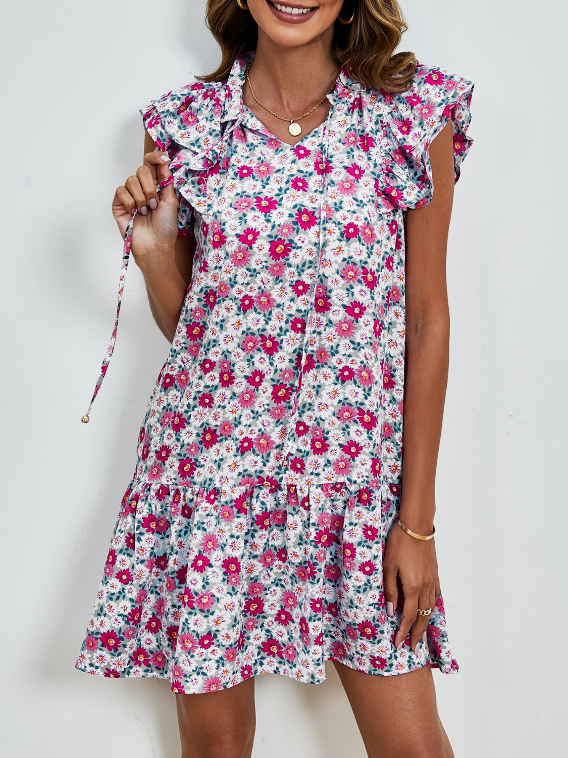 Tied Floral Cap Sleeve Mini Dress-TOPS / DRESSES-[Adult]-[Female]-2022 Online Blue Zone Planet