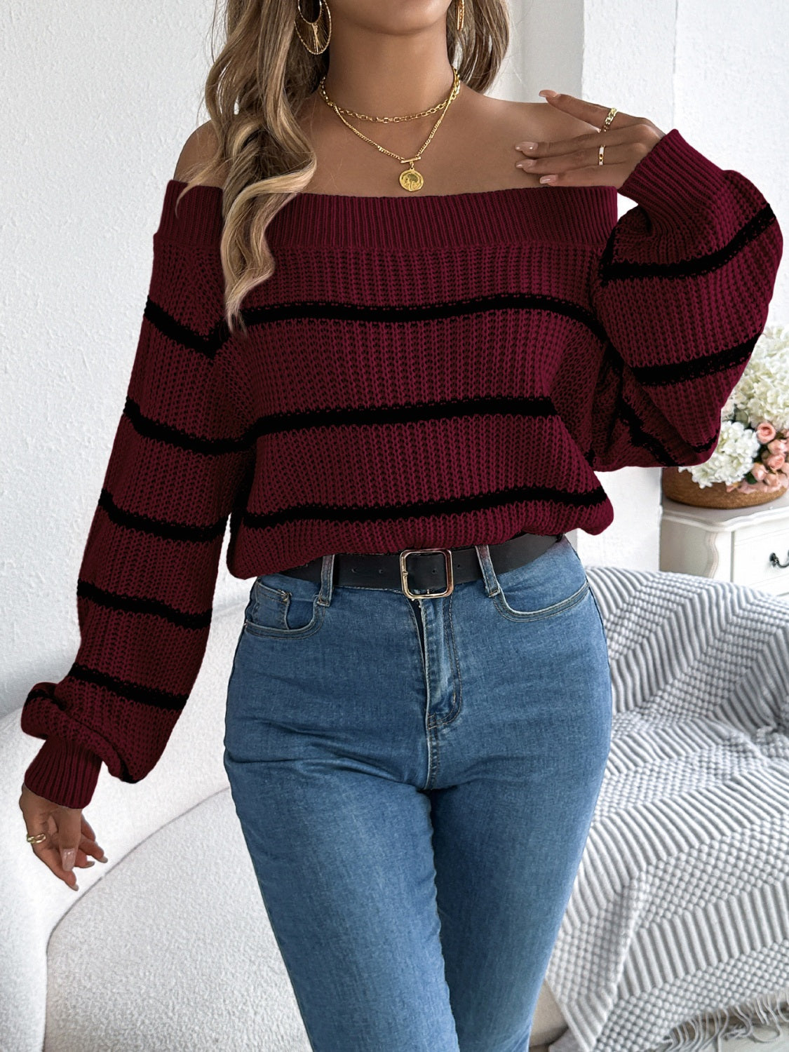 Striped Off-Shoulder Long Sleeve Sweater-TOPS / DRESSES-[Adult]-[Female]-2022 Online Blue Zone Planet