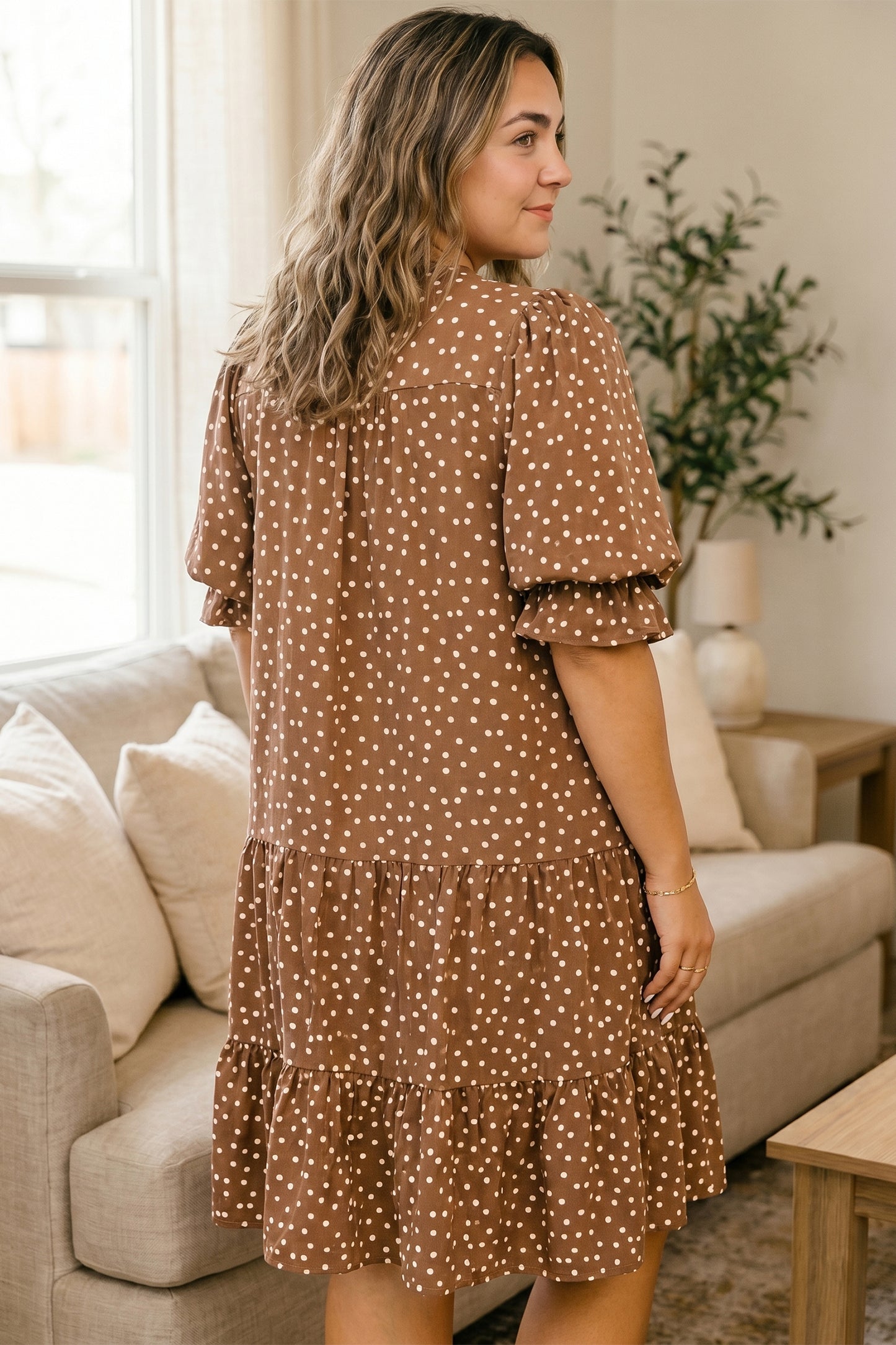 Brown V Neck Polka Dot Long Sleeve Shift Plus Size Dress-TOPS / DRESSES-[Adult]-[Female]-2022 Online Blue Zone Planet