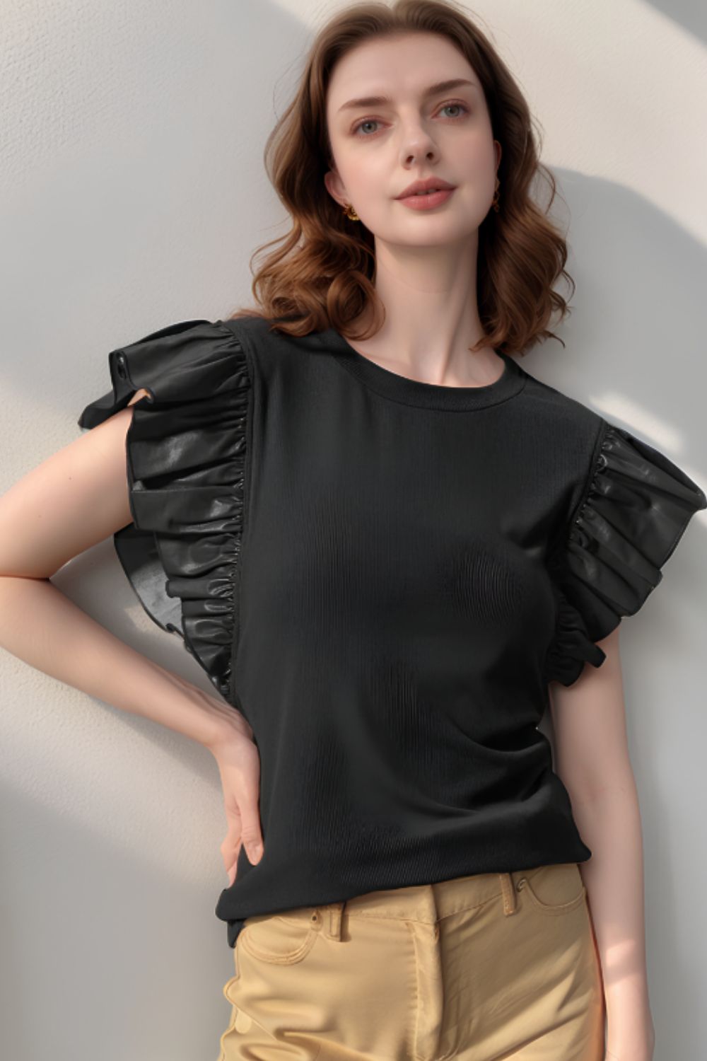 Ruffled Round Neck Cap Sleeve Blouse-TOPS / DRESSES-[Adult]-[Female]-2022 Online Blue Zone Planet