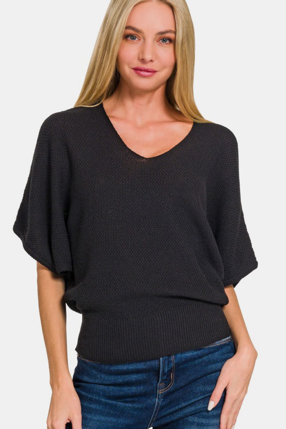 Zenana V-Neck Short Sleeve Dolman Sweater-TOPS / DRESSES-[Adult]-[Female]-Black-S-2022 Online Blue Zone Planet