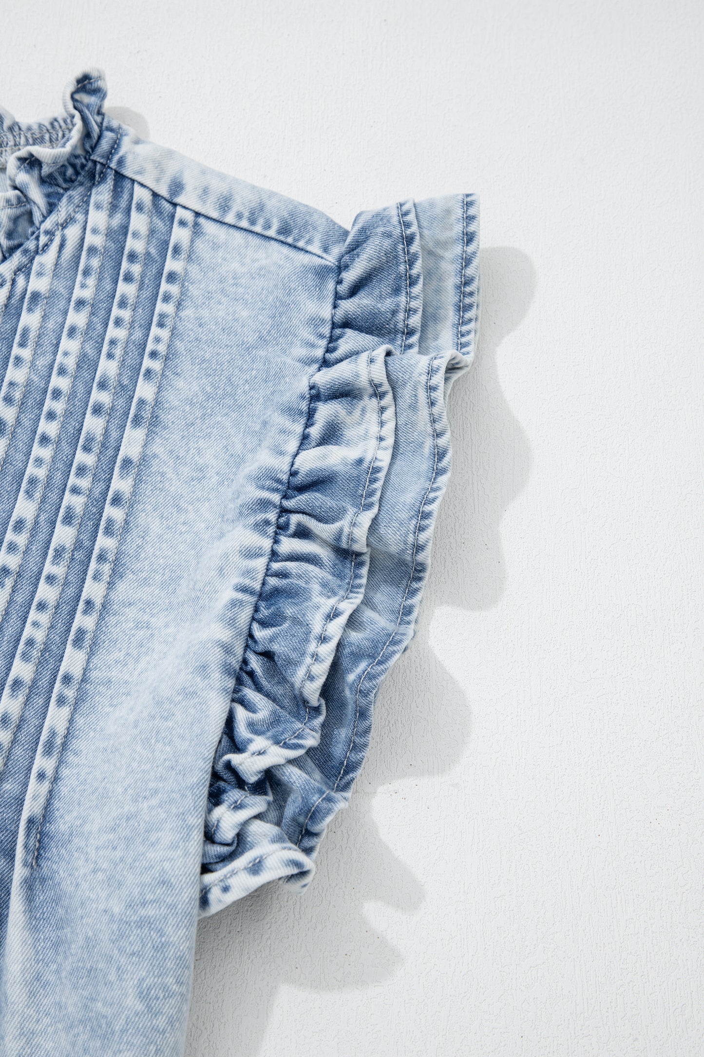 Beau Blue Ruffle Pleated Detail Vintage Washed Denim Top-Tops/Tops & Tees-[Adult]-[Female]-2022 Online Blue Zone Planet