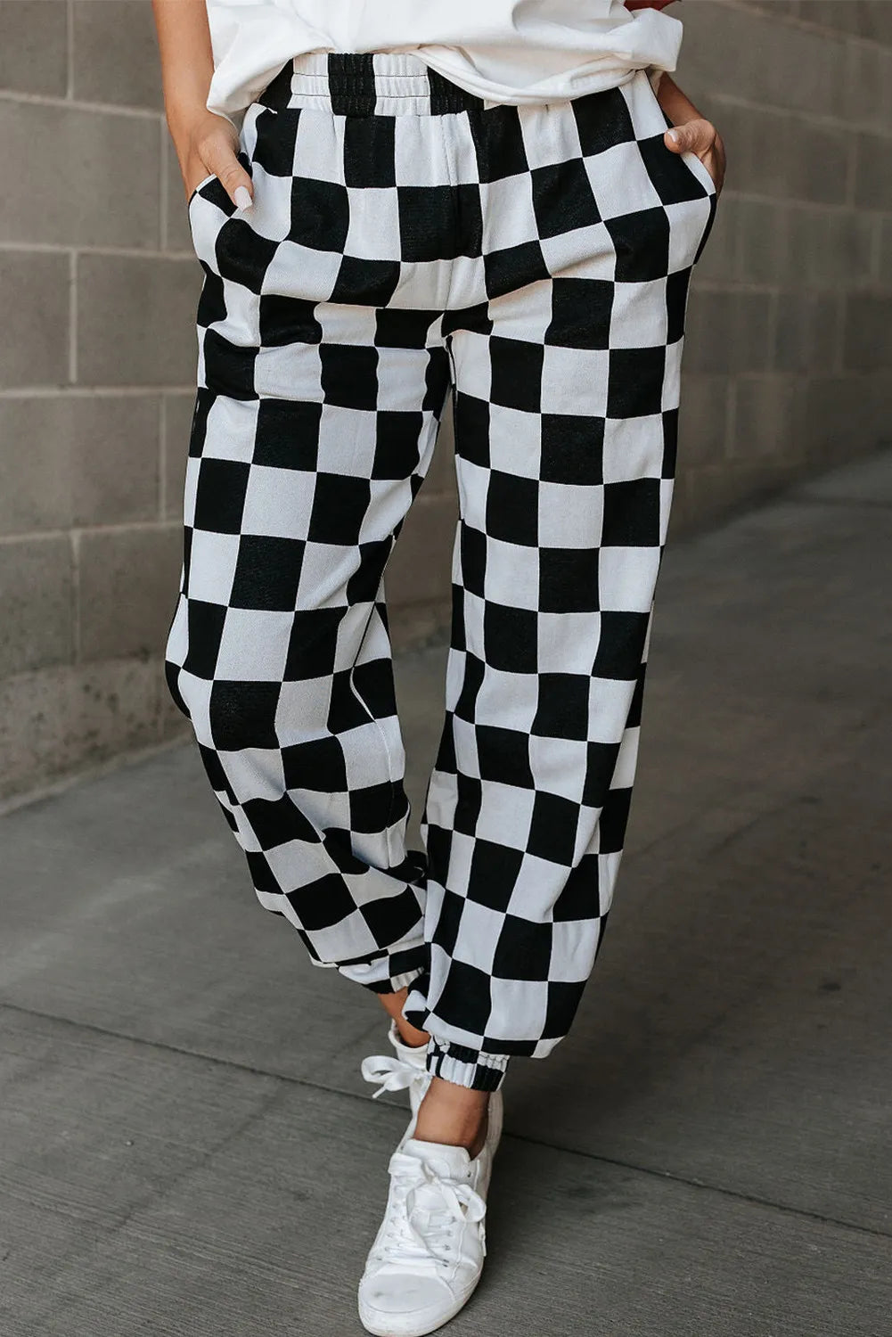 Checkered Elastic Waist Joggers-BOTTOMS SIZES SMALL MEDIUM LARGE-[Adult]-[Female]-Black-S-2022 Online Blue Zone Planet