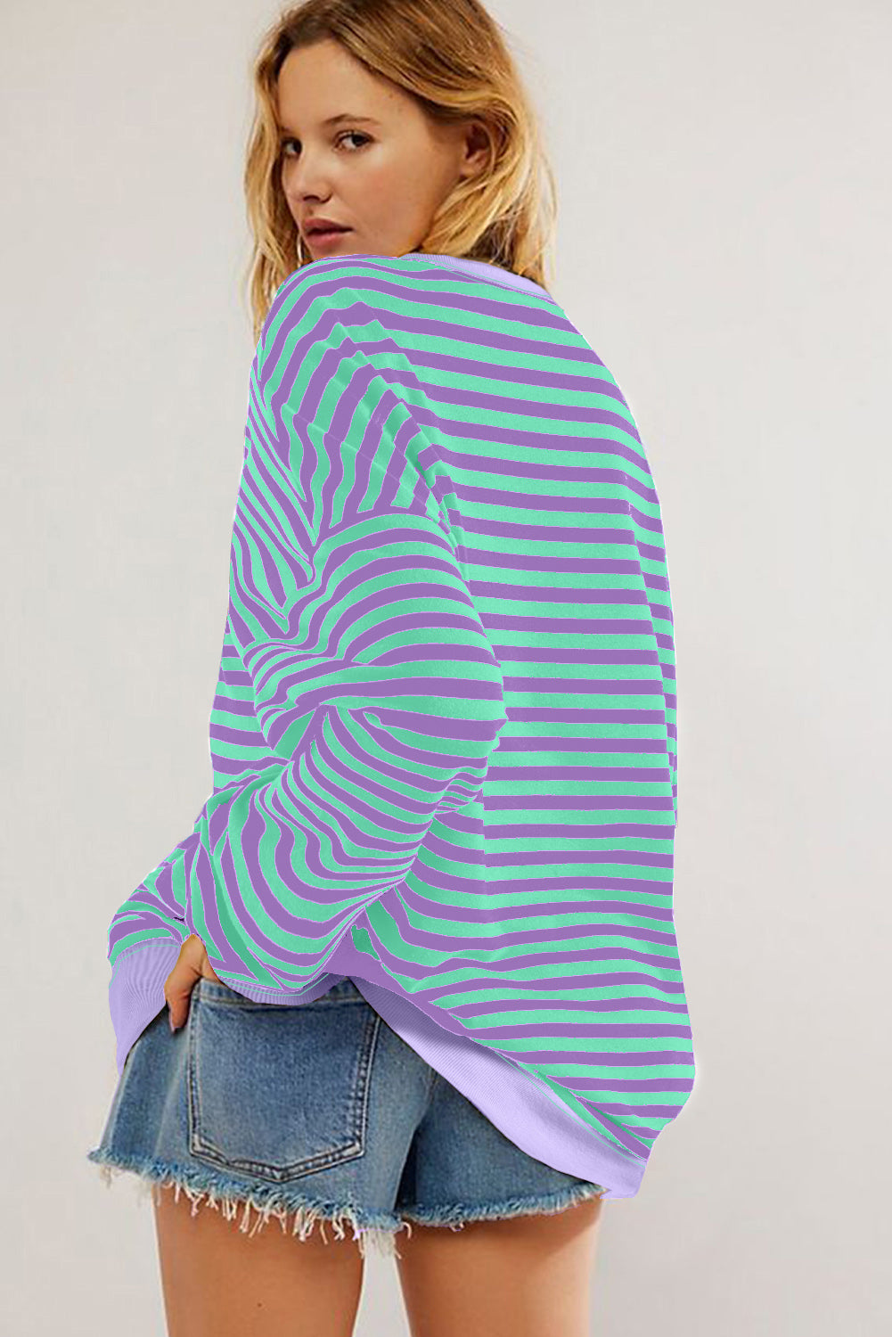 Blue Stripe Contrast Ribbed Trim Crossed Stitch Drop Shoulder Sweatshirt-Tops/Sweatshirts & Hoodies-[Adult]-[Female]-2022 Online Blue Zone Planet