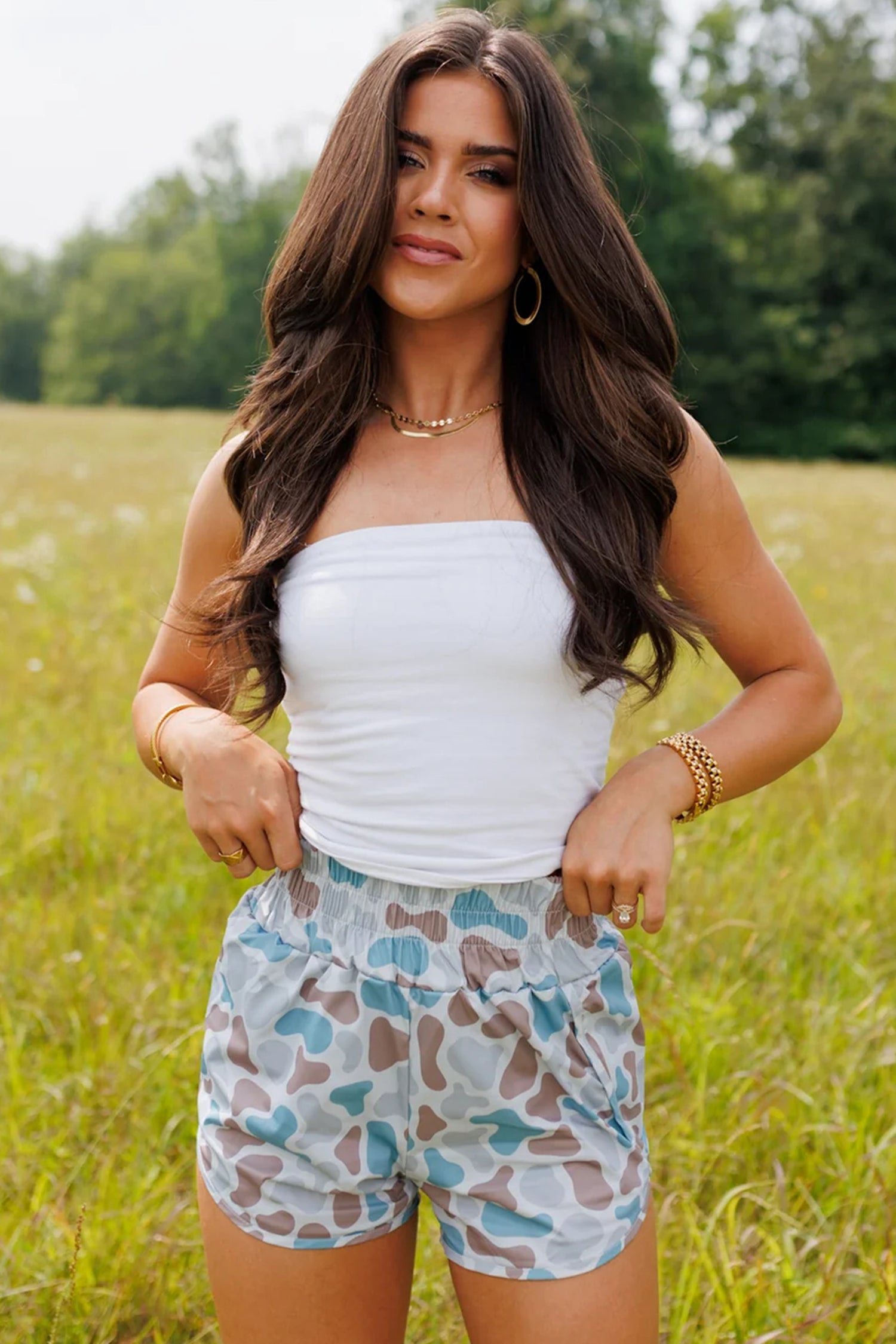 Multicolour Camouflage Print Shirred High Waist Athleisure Shorts-Bottoms/Casual Shorts-[Adult]-[Female]-2022 Online Blue Zone Planet