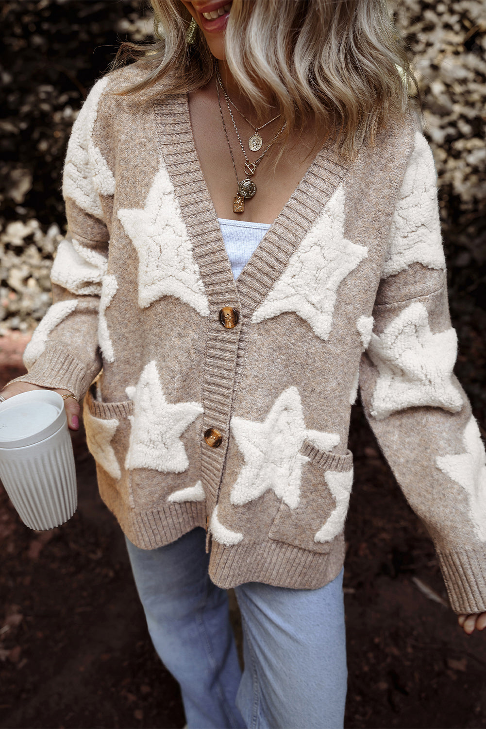 Blue Zone Planet | Pink Sherpa Star Pattern Textured Sweater Cardigan with Pockets-Sweaters & Cardigans/Cardigans-[Adult]-[Female]-2022 Online Blue Zone Planet