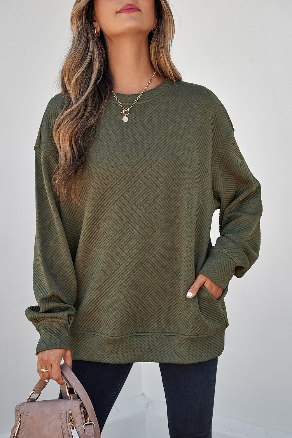 Jungle Green Solid Color Textured Round Neck Drop Shoulder Pullover Sweatshirt