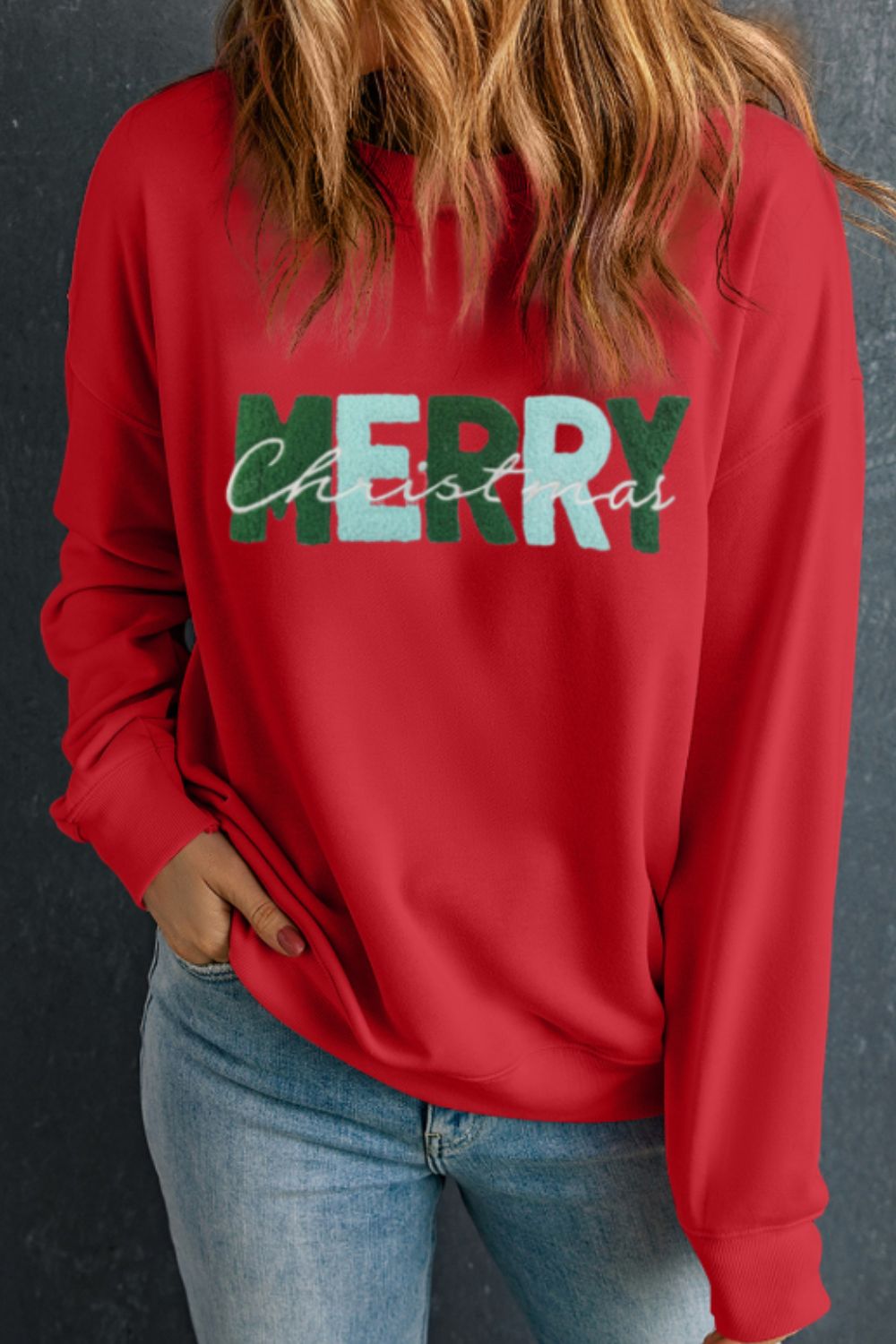 Blue Zone Planet | MERRY CHRISTMAS Contrast Long Sleeve Sweatshirt-TOPS / DRESSES-[Adult]-[Female]-Deep Red-XL-2022 Online Blue Zone Planet