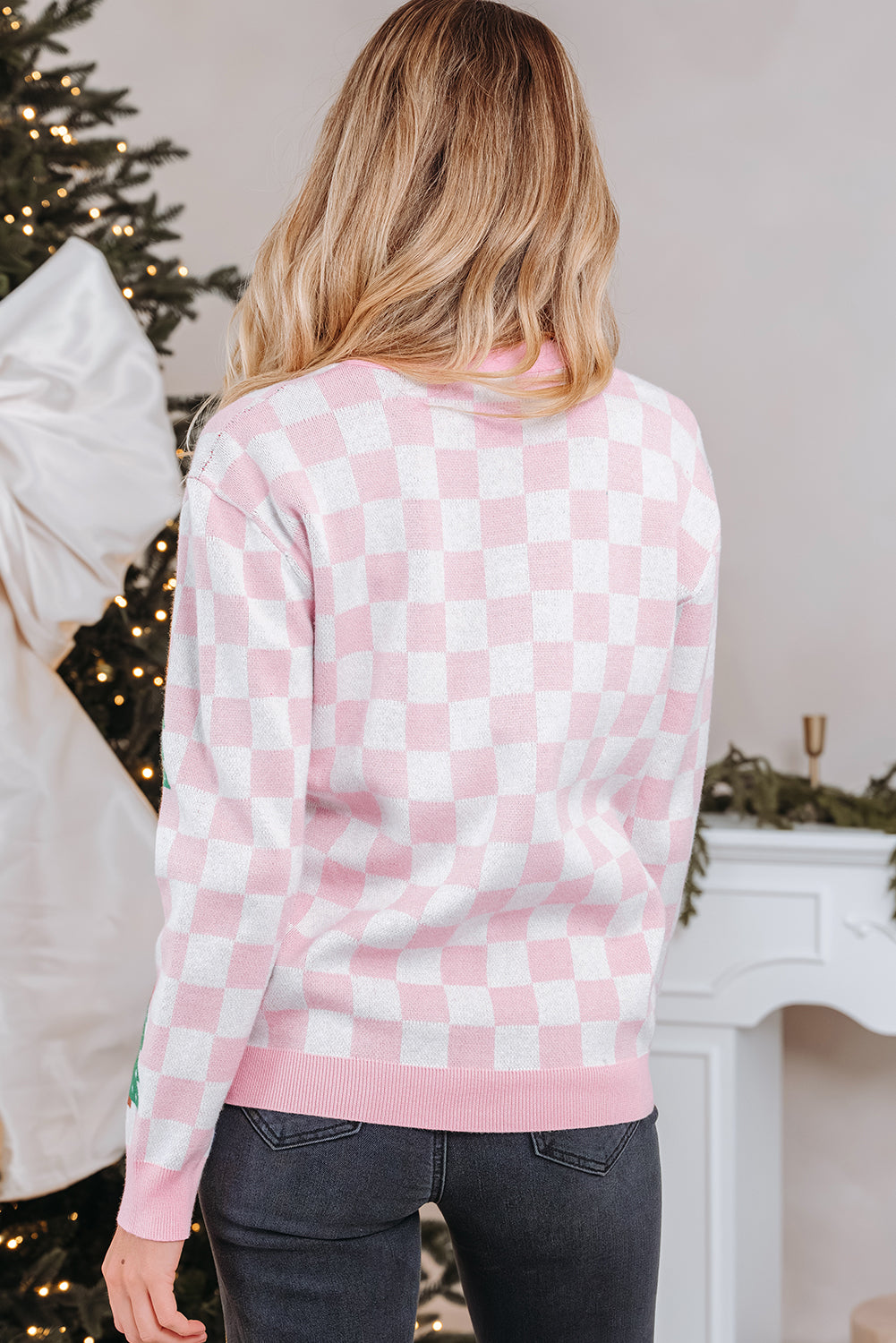 Pink Checkered Christmas Tree Pattern Button V Neck Cardigan Sweater-TOPS / DRESSES-[Adult]-[Female]-2022 Online Blue Zone Planet