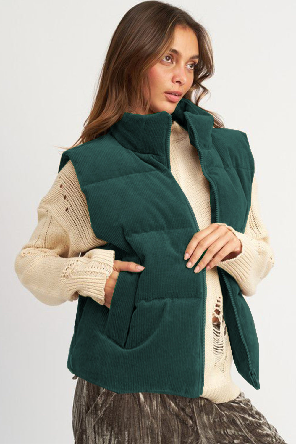 Blue Zone Planet | Jungle Green Corduroy Stand Neck Zipped Puffer Vest-Outerwear/Vests-[Adult]-[Female]-2022 Online Blue Zone Planet