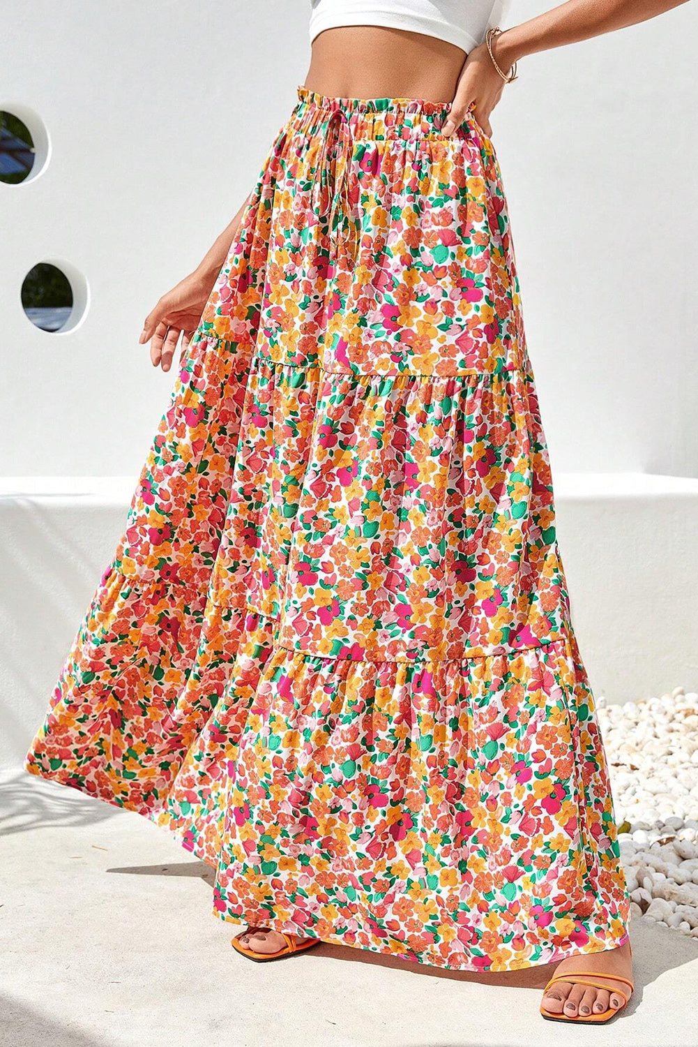 Yellow Boho Floral Print Tiered Long Skirt-Bottoms/Skirts & Petticoat-[Adult]-[Female]-2022 Online Blue Zone Planet