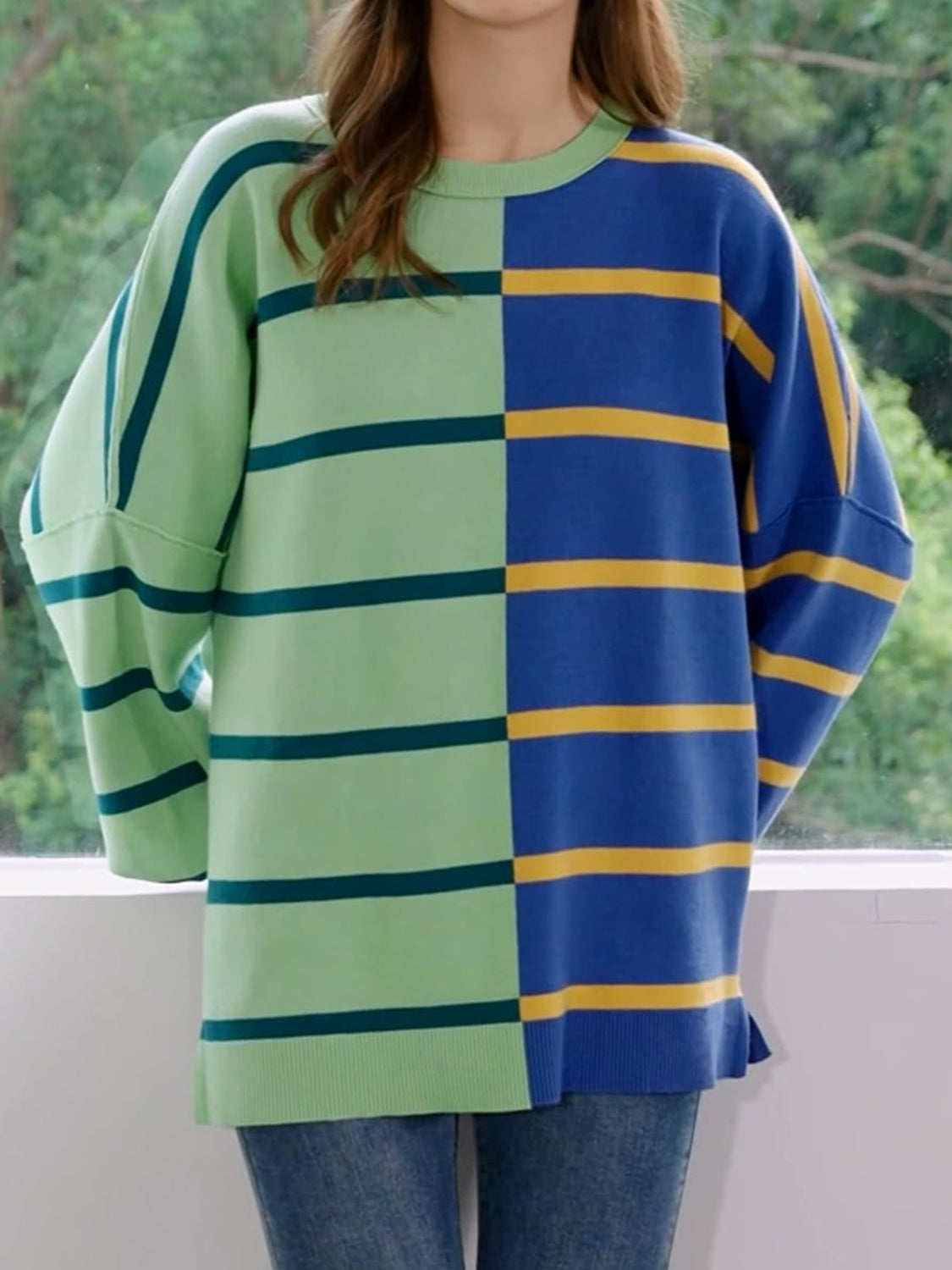 Striped Round Neck Long Sleeve Sweater-TOPS / DRESSES-[Adult]-[Female]-2022 Online Blue Zone Planet