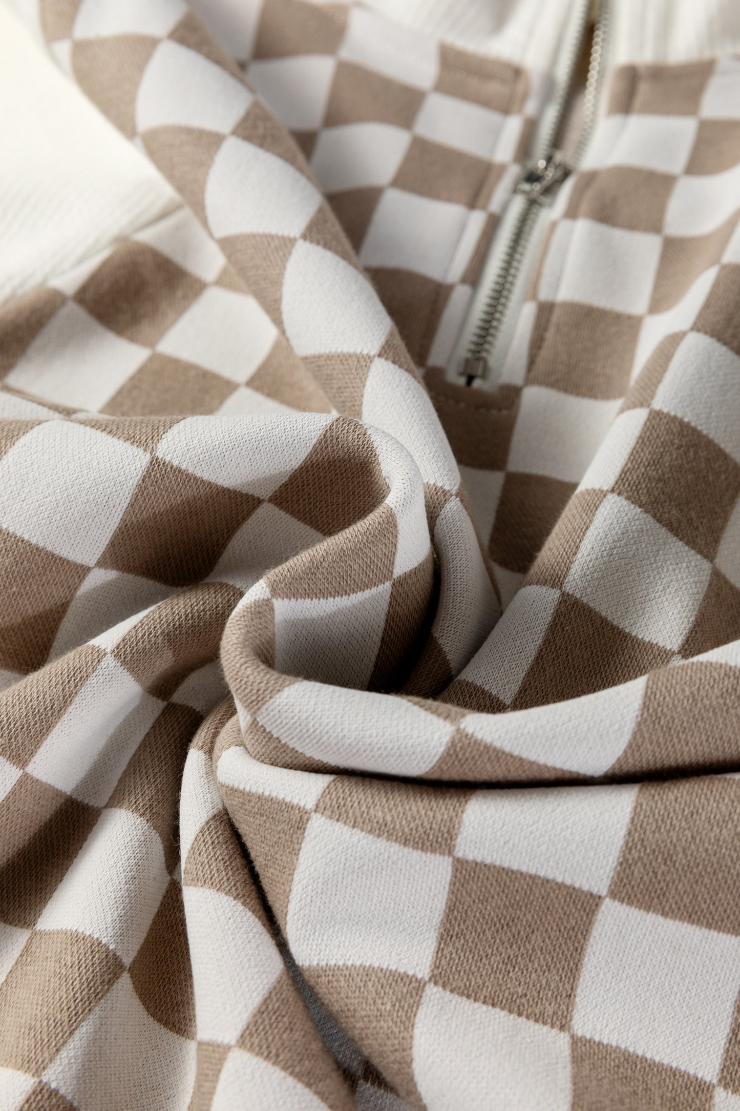 Khaki Checkered Print Quarter Zip Ribbed Patchwork Loose Sweatshirt-Tops/Sweatshirts & Hoodies-[Adult]-[Female]-2022 Online Blue Zone Planet